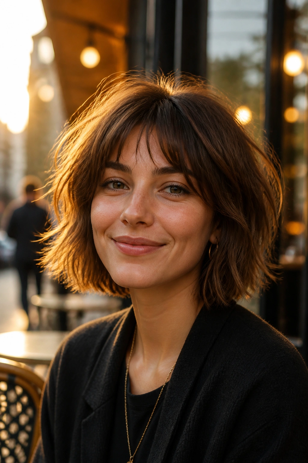 Close-up of a real woman with a shaggy bob in an outdoor cafe setting