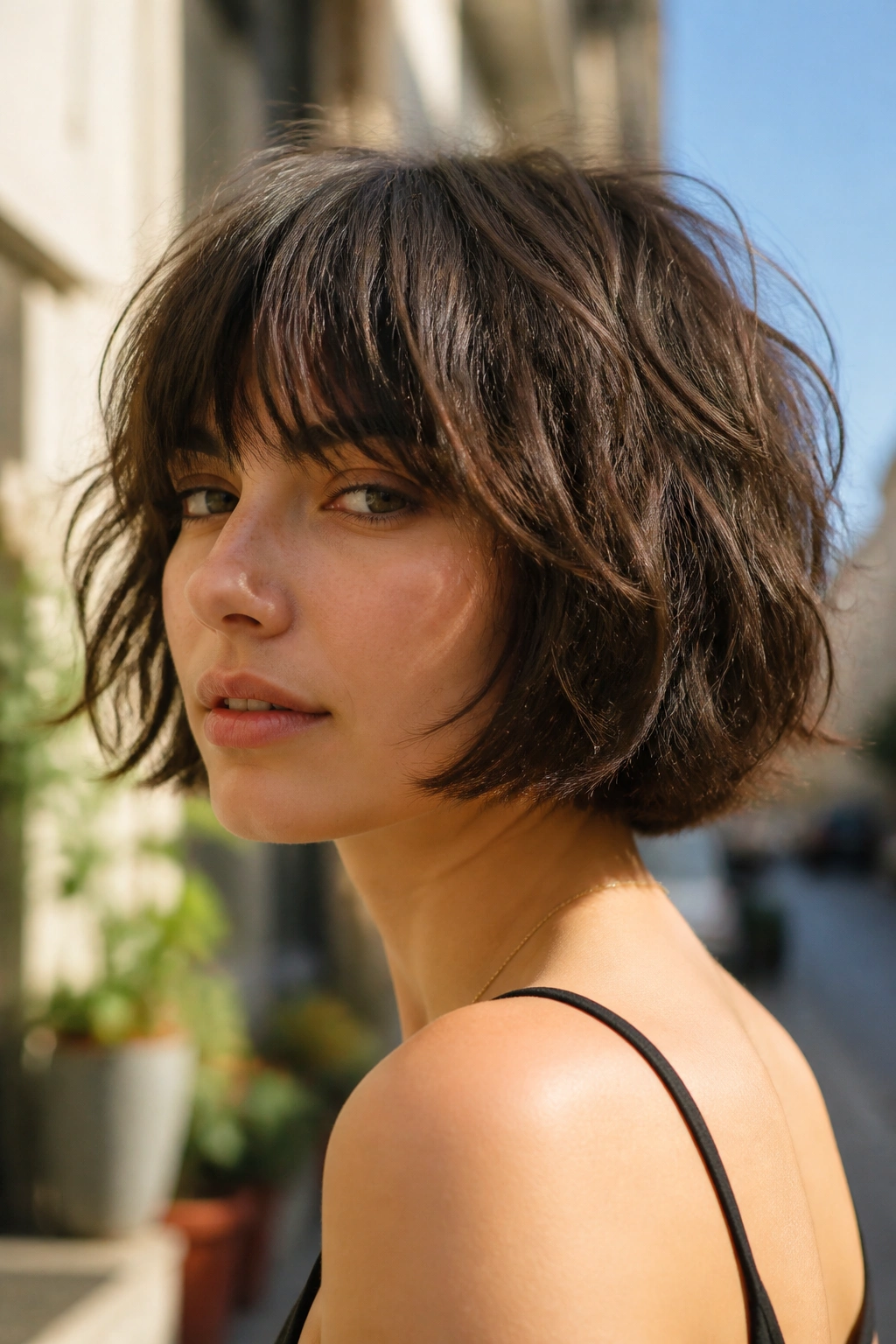 Close-up portrait of a real person with a tousled shaggy bob and a blunt perimeter.