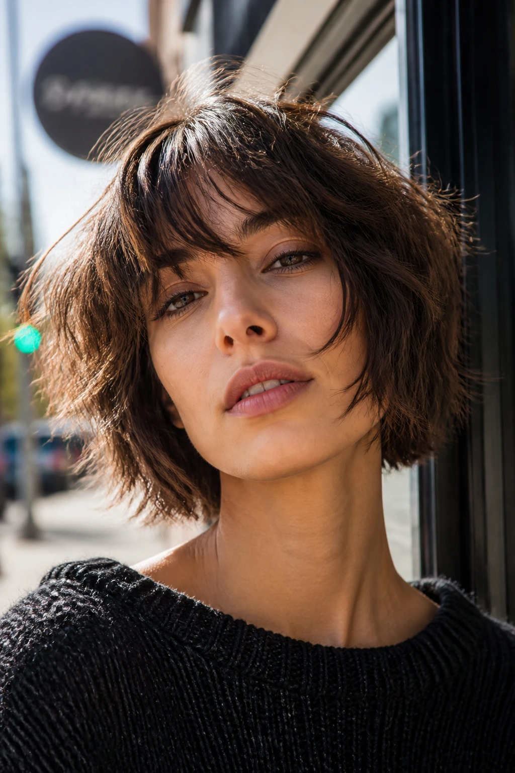 Close-up portrait of a real woman with a shaggy bob and broken ends