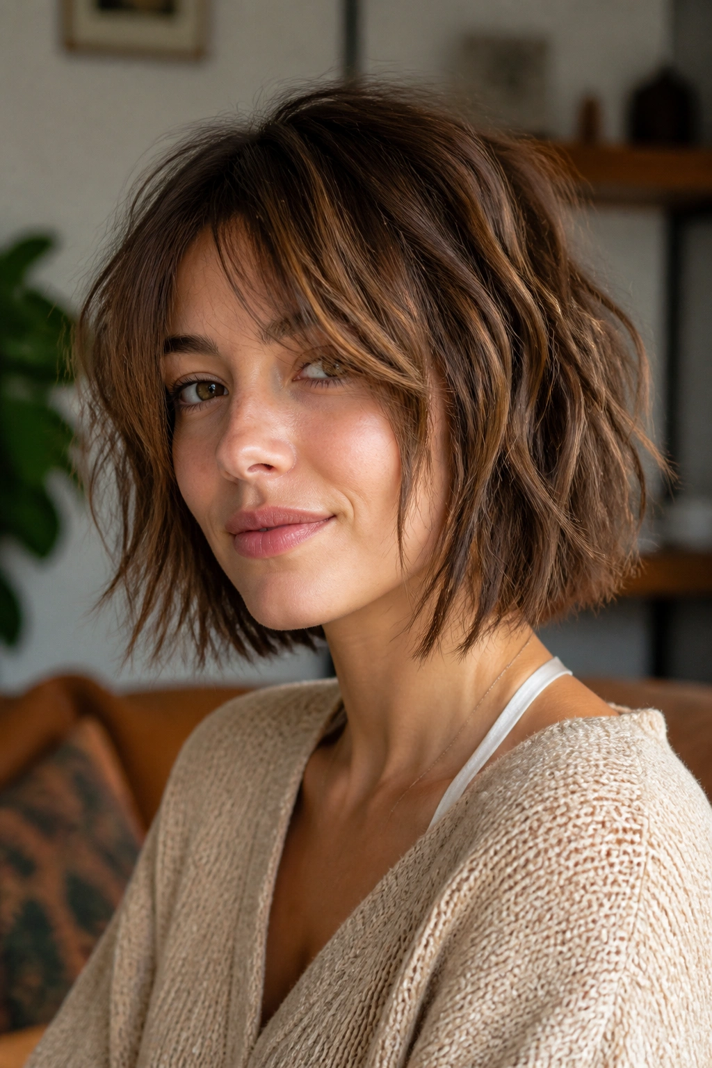 Close-up portrait of a real woman with a shaggy bob featuring broken-up inner layers, in warm window light.