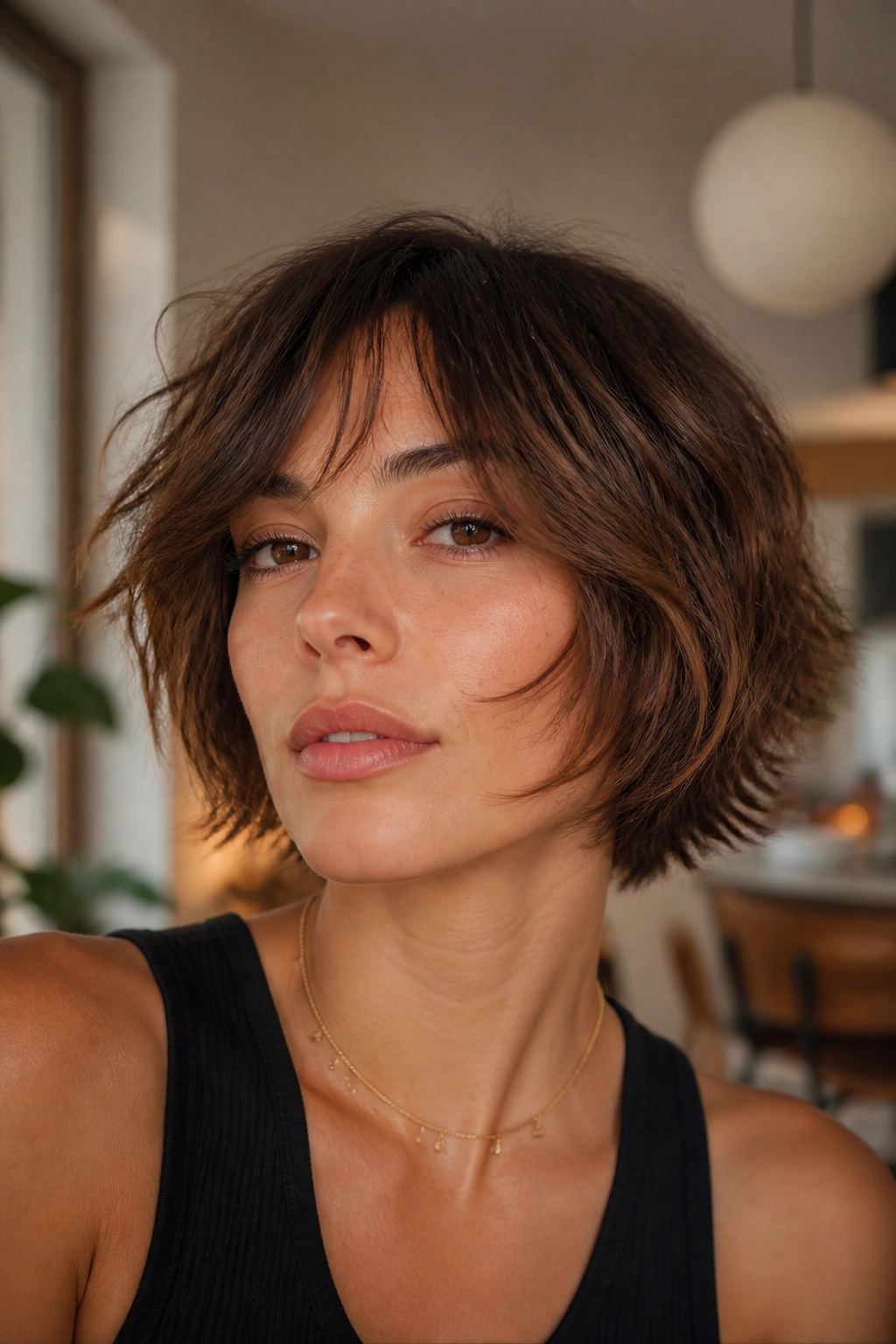 Portrait of a woman with a shaggy bob and cheekbone layers framing the face.