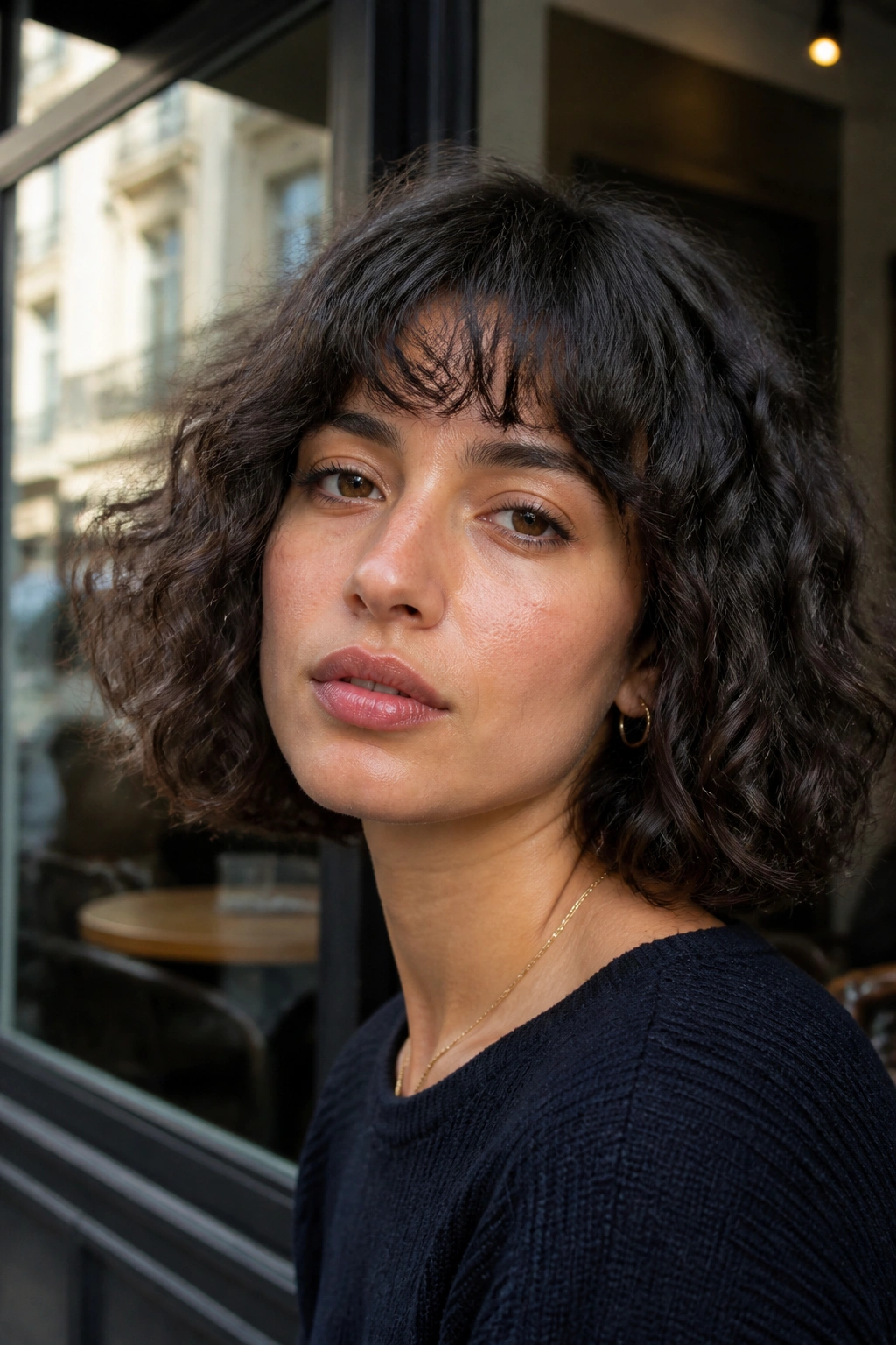 Close-up of a real person with Shaggy Bob With Choppy Bangs in daylight