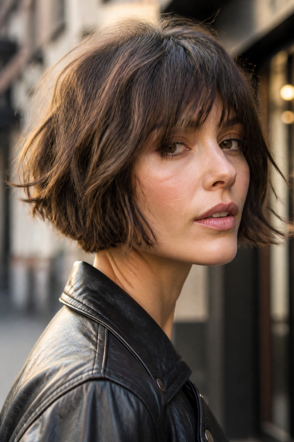 Close-up of a real woman with a shaggy bob and choppy ends