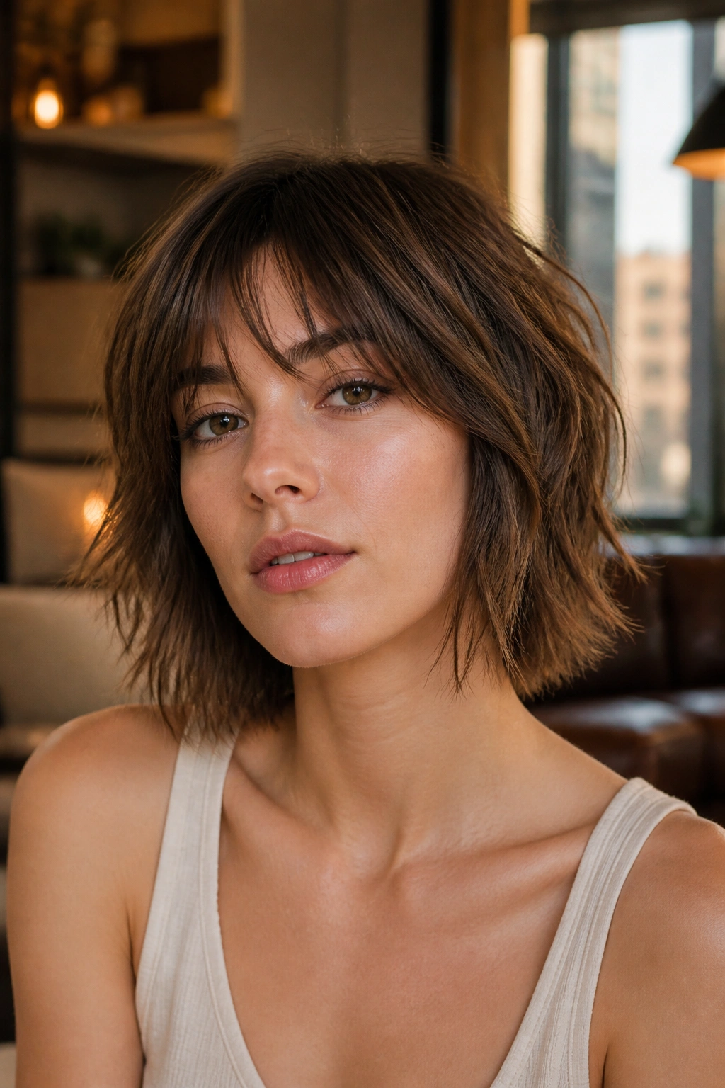 Real woman with a shaggy bob featuring choppy ends in a warm urban apartment.
