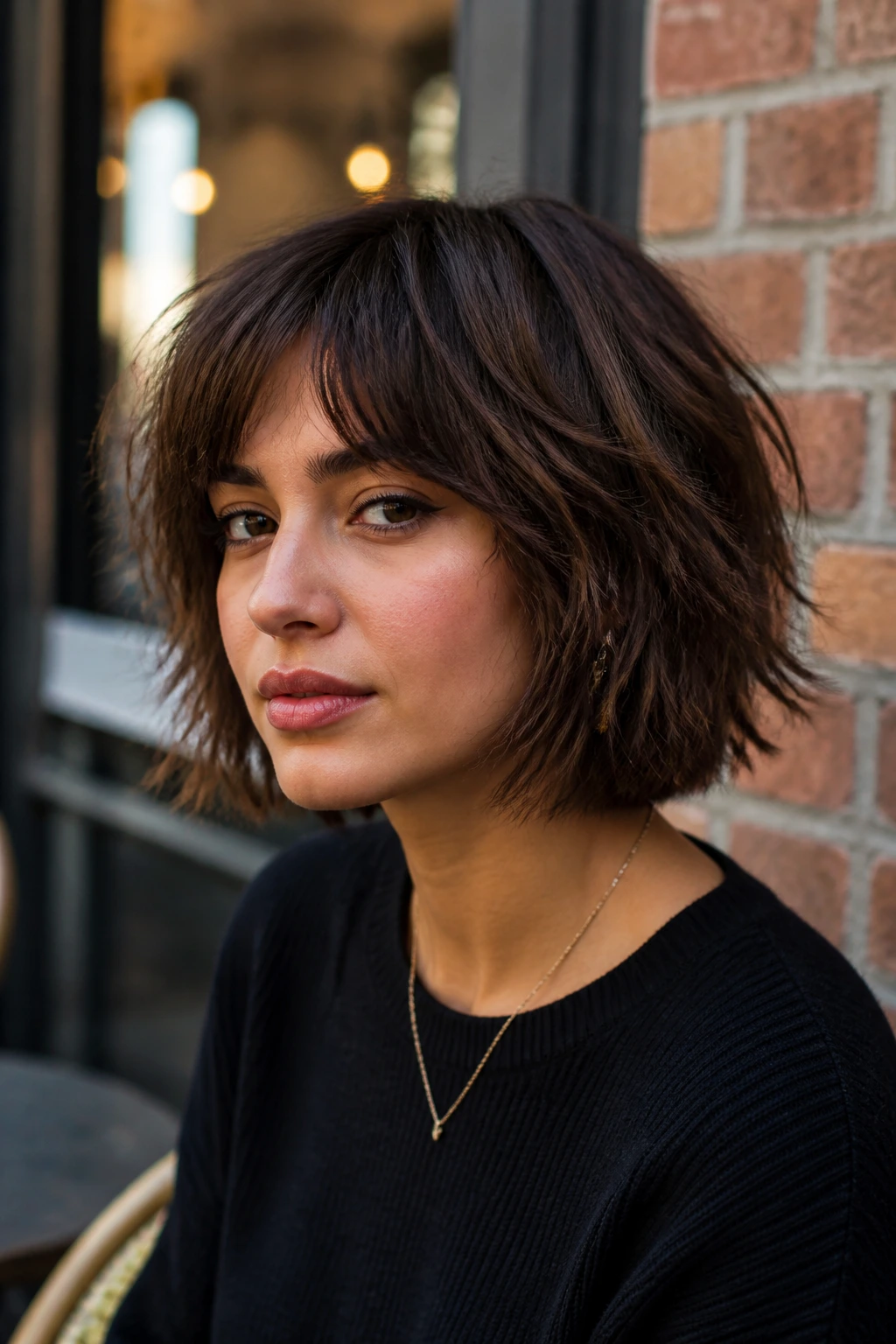 Portrait of a woman with shaggy bob and choppy ends in natural outdoor light.