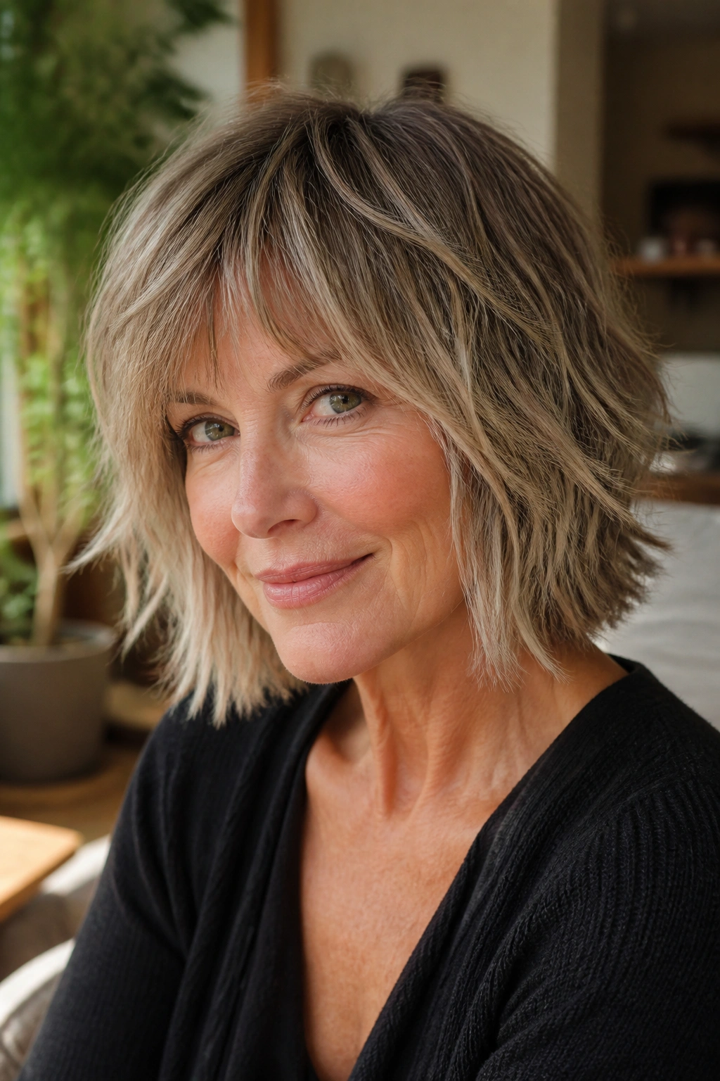 Real woman with shaggy bob with choppy ends and textured layers.