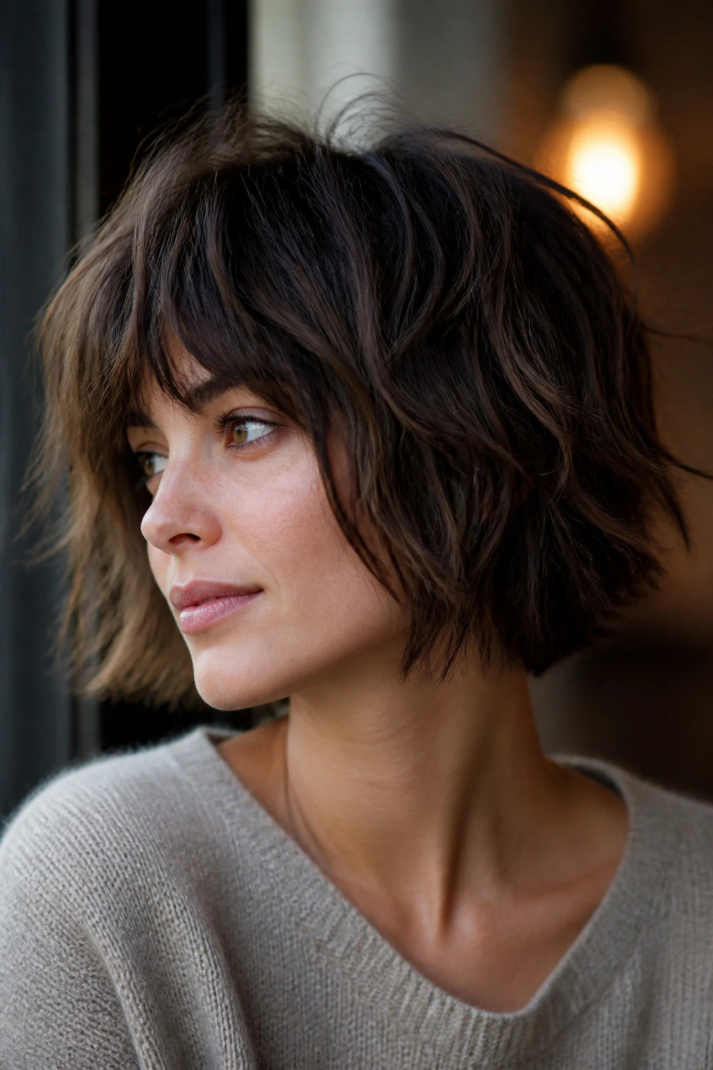 Close-up of a real woman with a shaggy bob and choppy ends in soft natural light