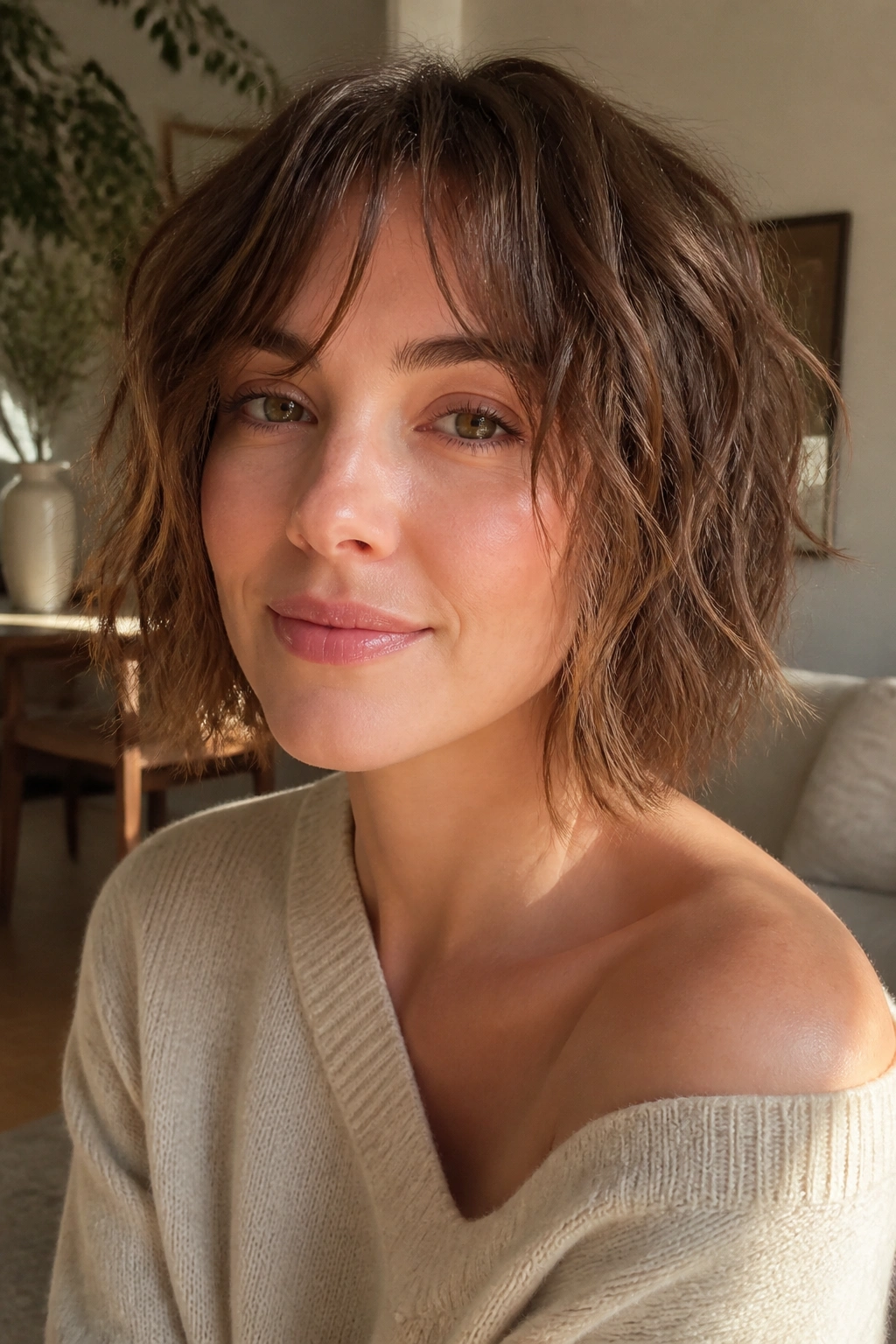 Close-up of a real woman with shaggy bob with choppy ends in warm natural light