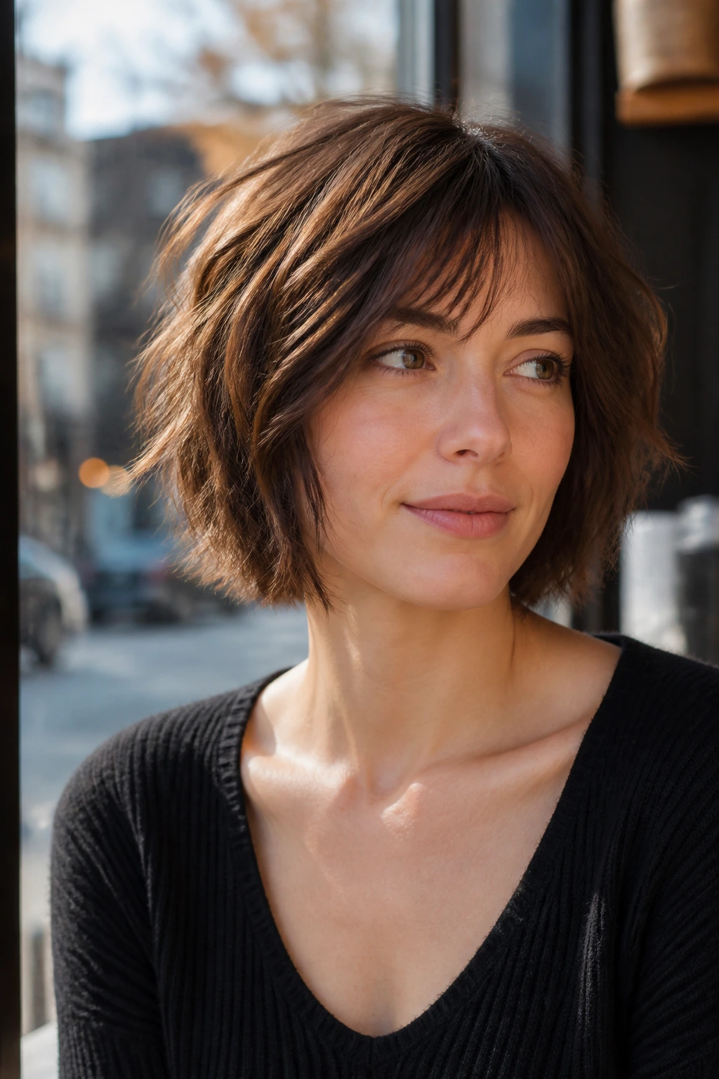 Close-up of a real woman with a textured shaggy bob and dense bottom