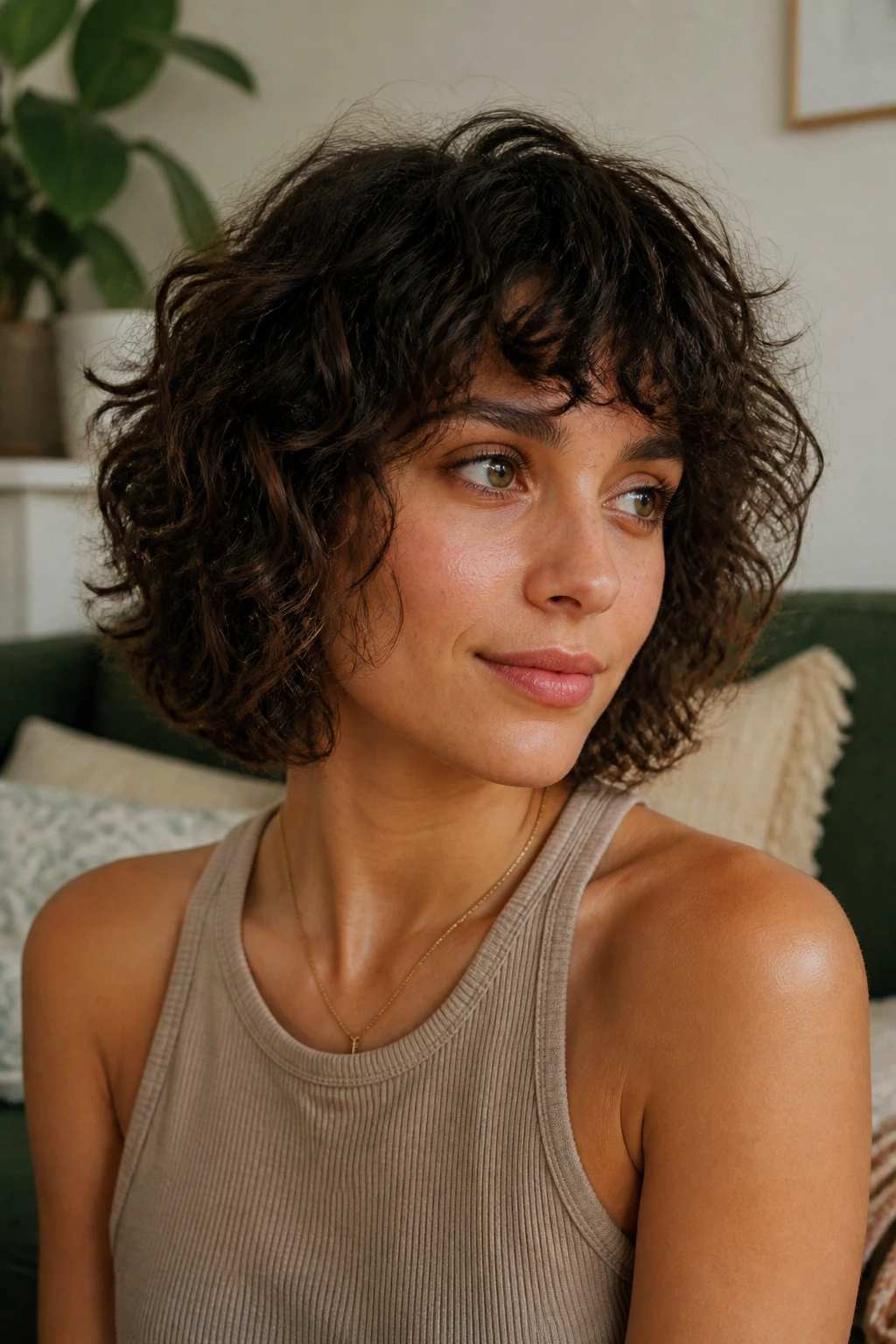 Real woman with shaggy bob and curly bangs in a cozy living room