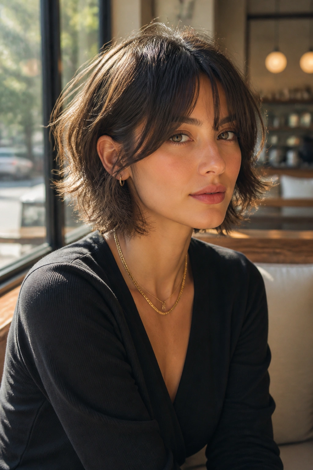 Portrait of a real woman with shaggy bob and curtain bangs by a sunlit cafe window.