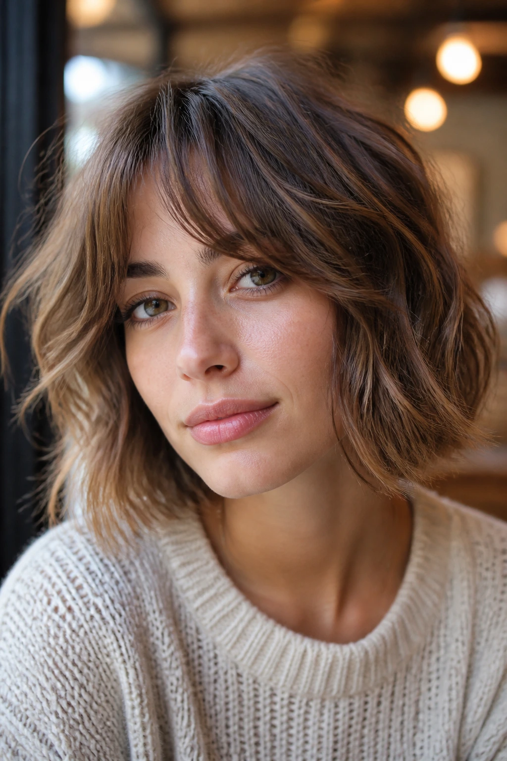 Real woman with shaggy bob and curtain bangs