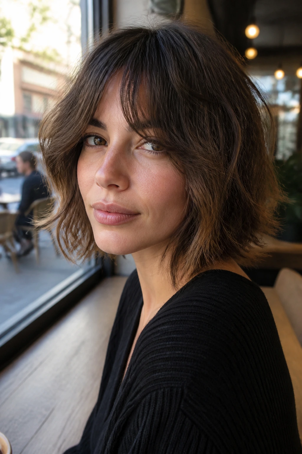 Close-up of a woman with shaggy bob and curtain bangs