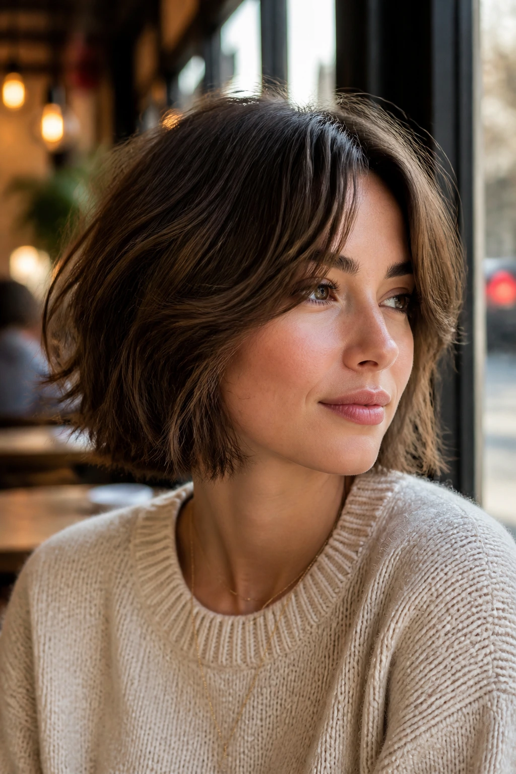 Portrait of a woman with a shaggy bob and curtain bangs in natural daylight
