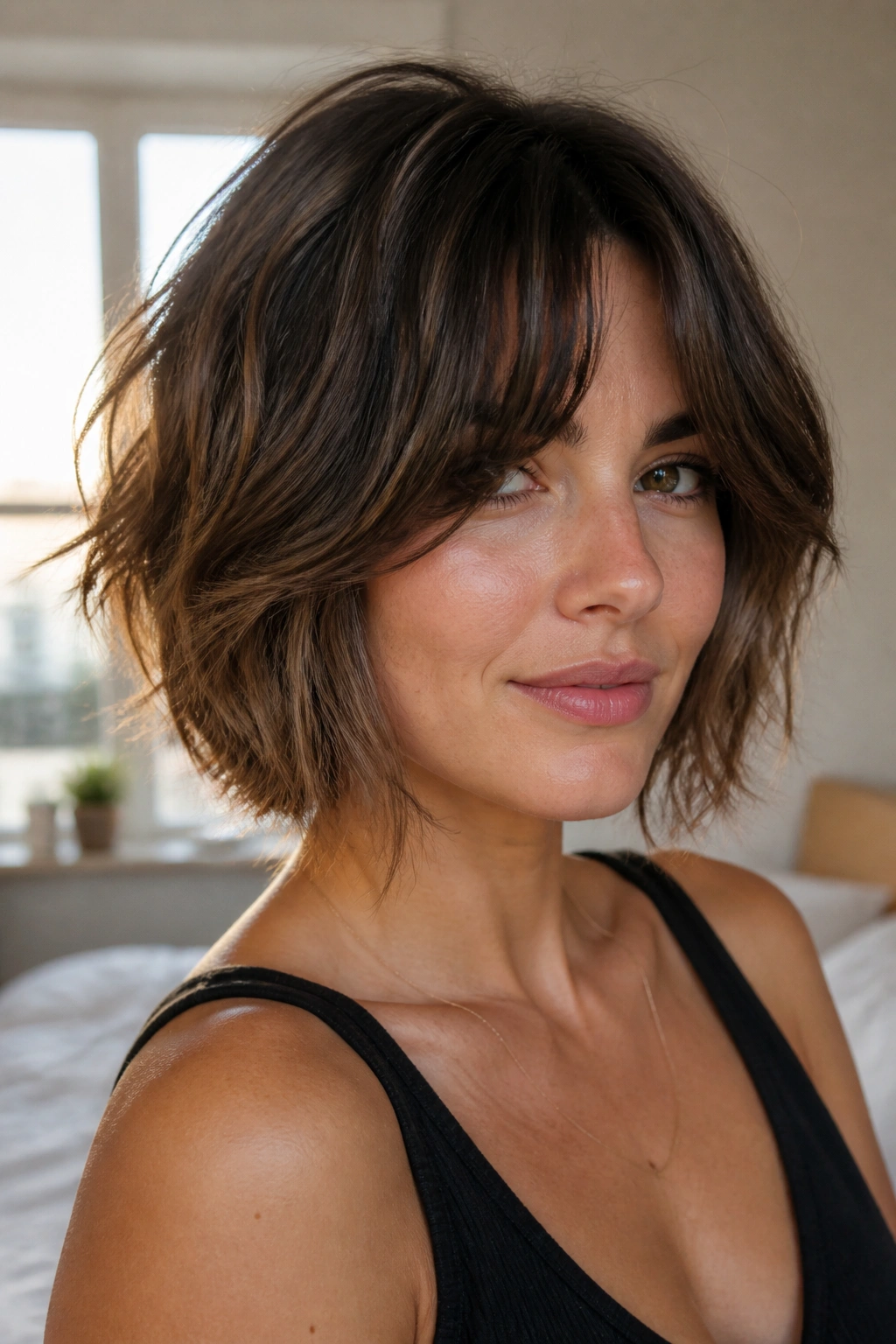 Portrait of a woman with a shaggy bob and curtain bangs in warm window light