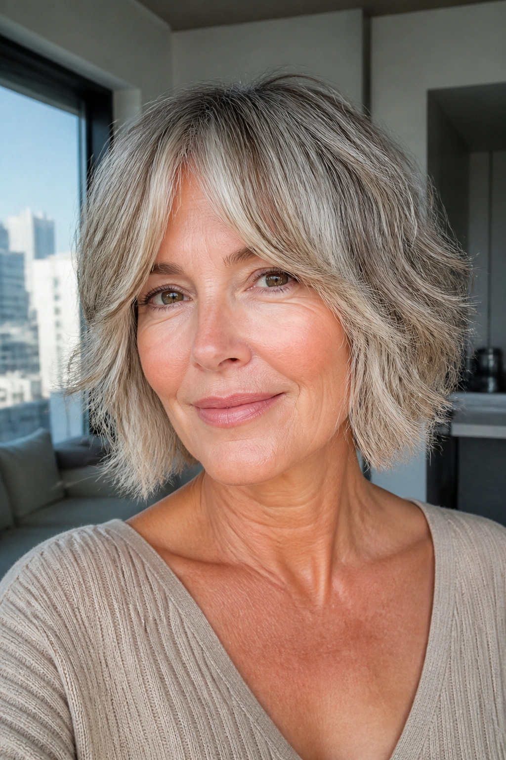 Portrait of a real woman with a shaggy bob and curtain bangs.