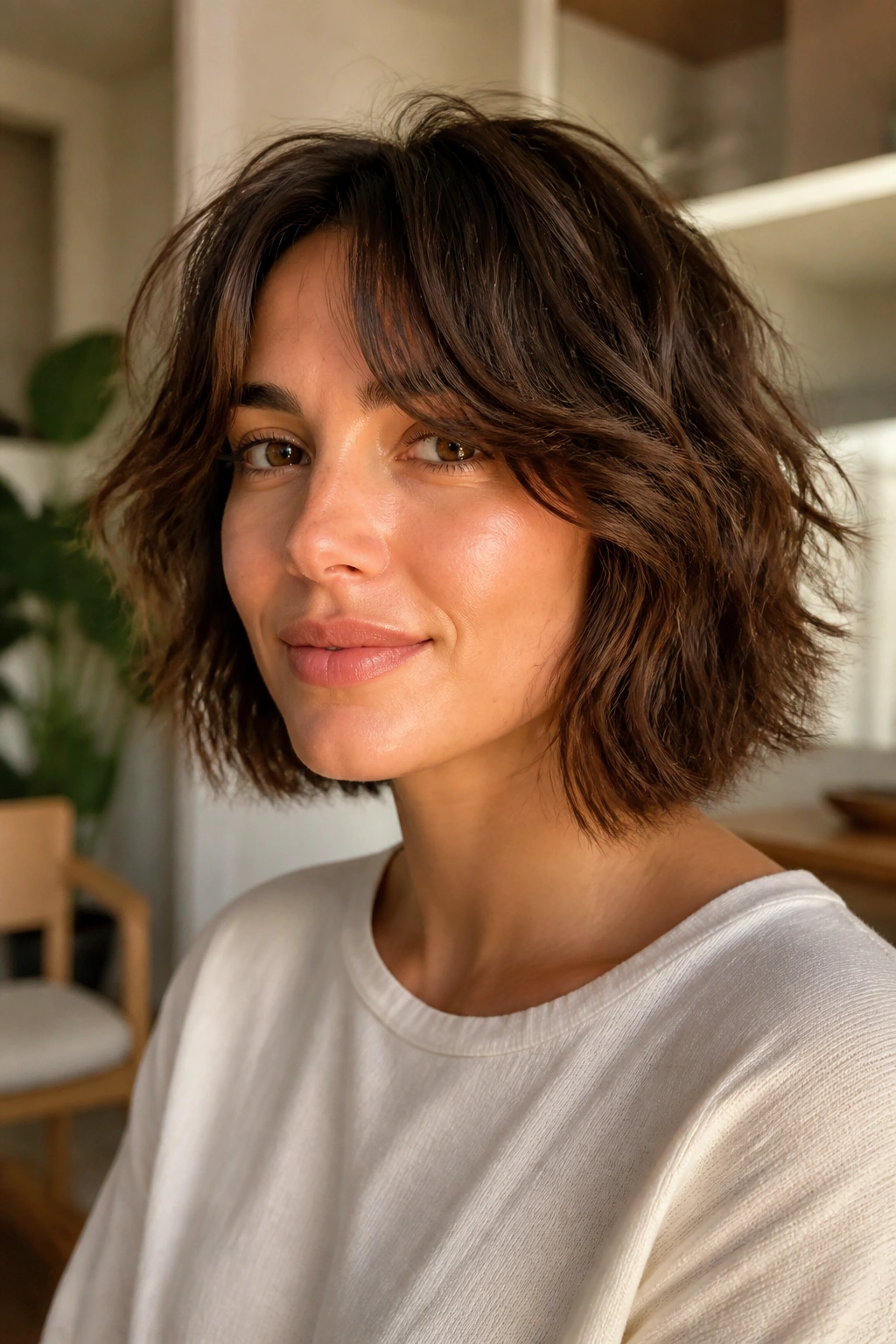 Portrait of a woman with a shaggy bob and curtain bangs