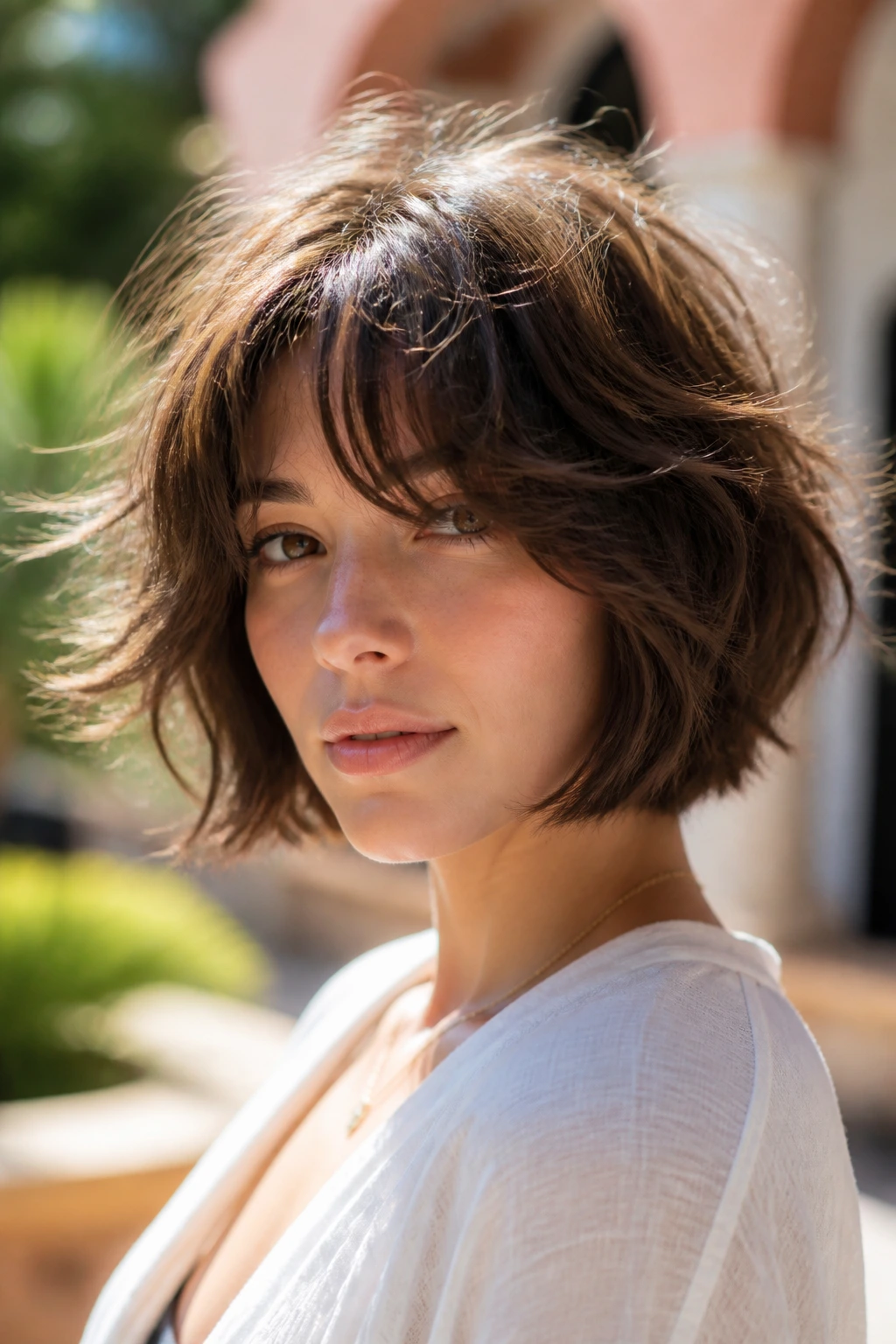 Close-up of a real person with a shaggy bob and curtain bangs in outdoor light