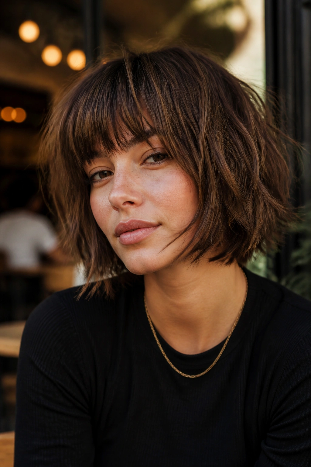 Close-up portrait of a woman with a shaggy bob and chopped fringe in a warm outdoor cafe