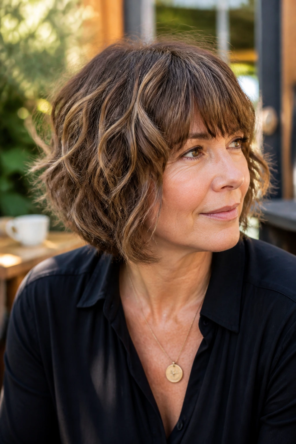 Real woman with a textured shaggy bob in a cozy cafe setting