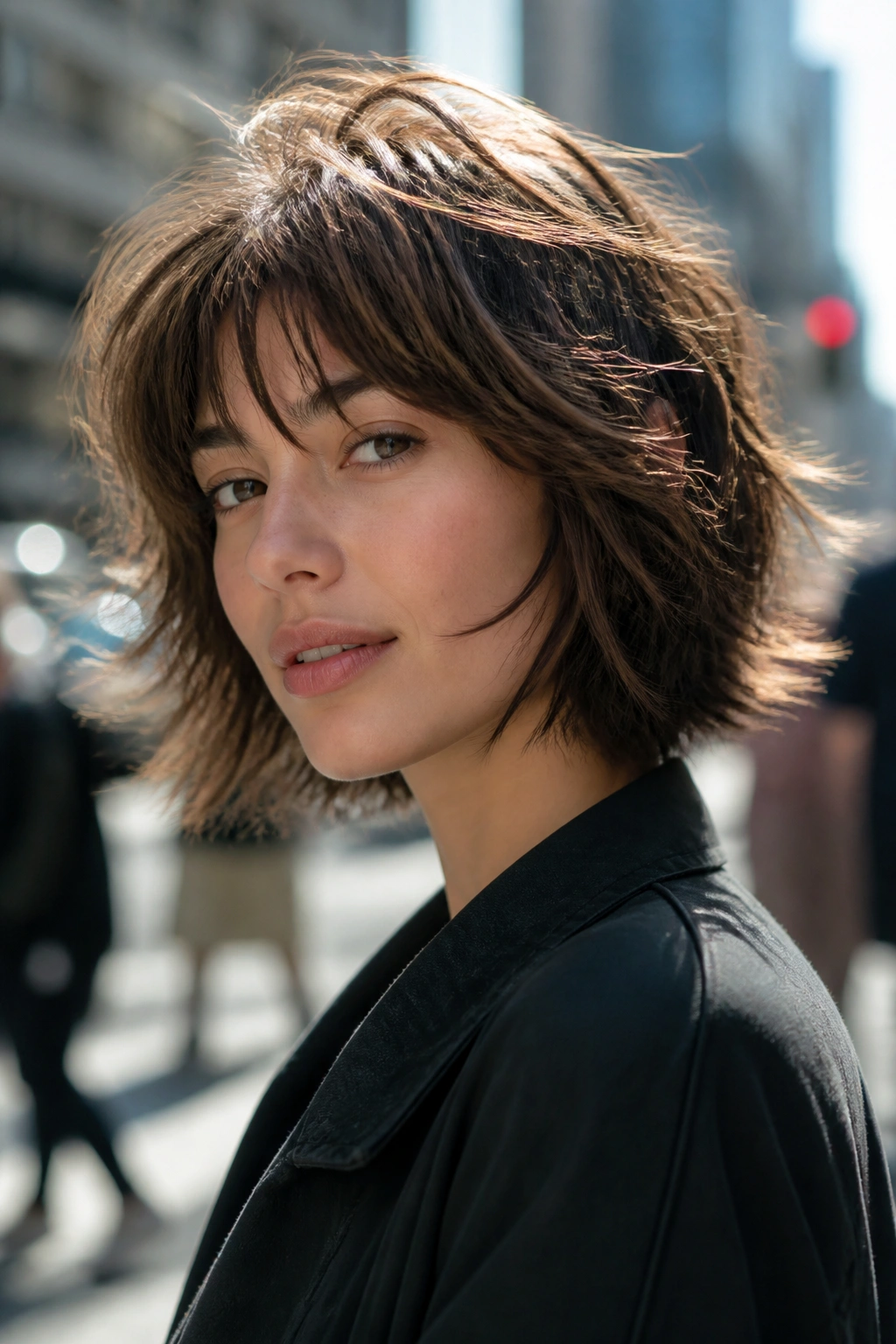 Portrait of a woman with a shaggy bob showing textured layers.