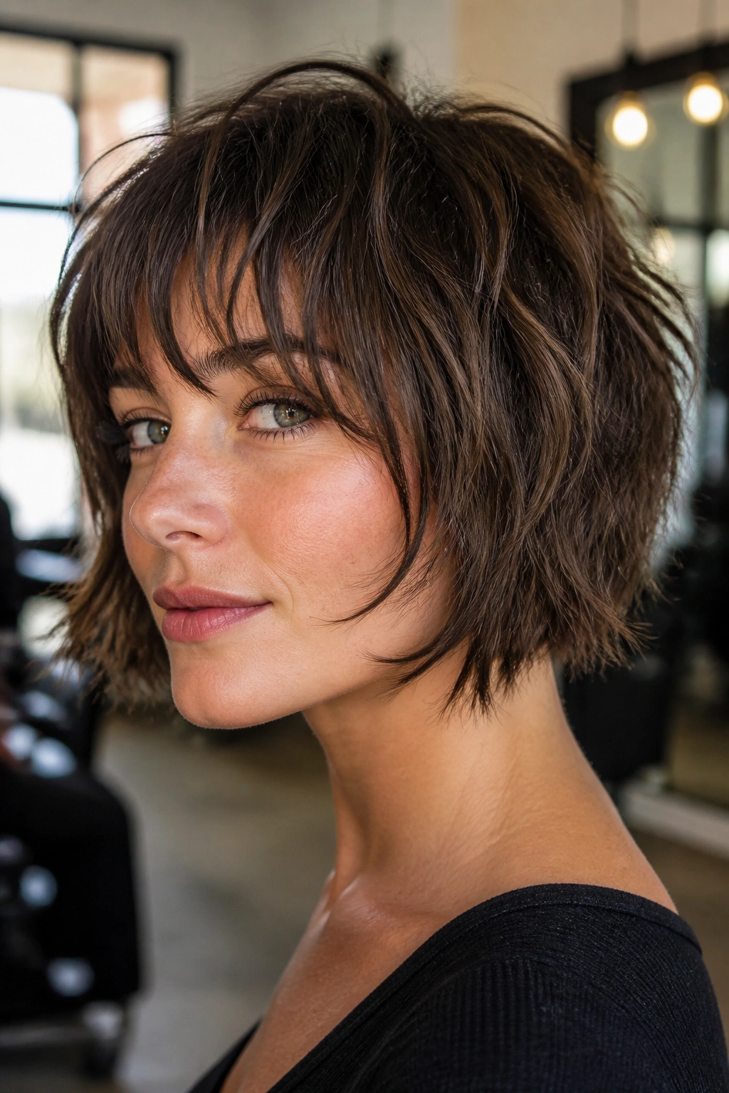 Close-up portrait of a real woman with a shaggy bob and heavy texture in a salon.