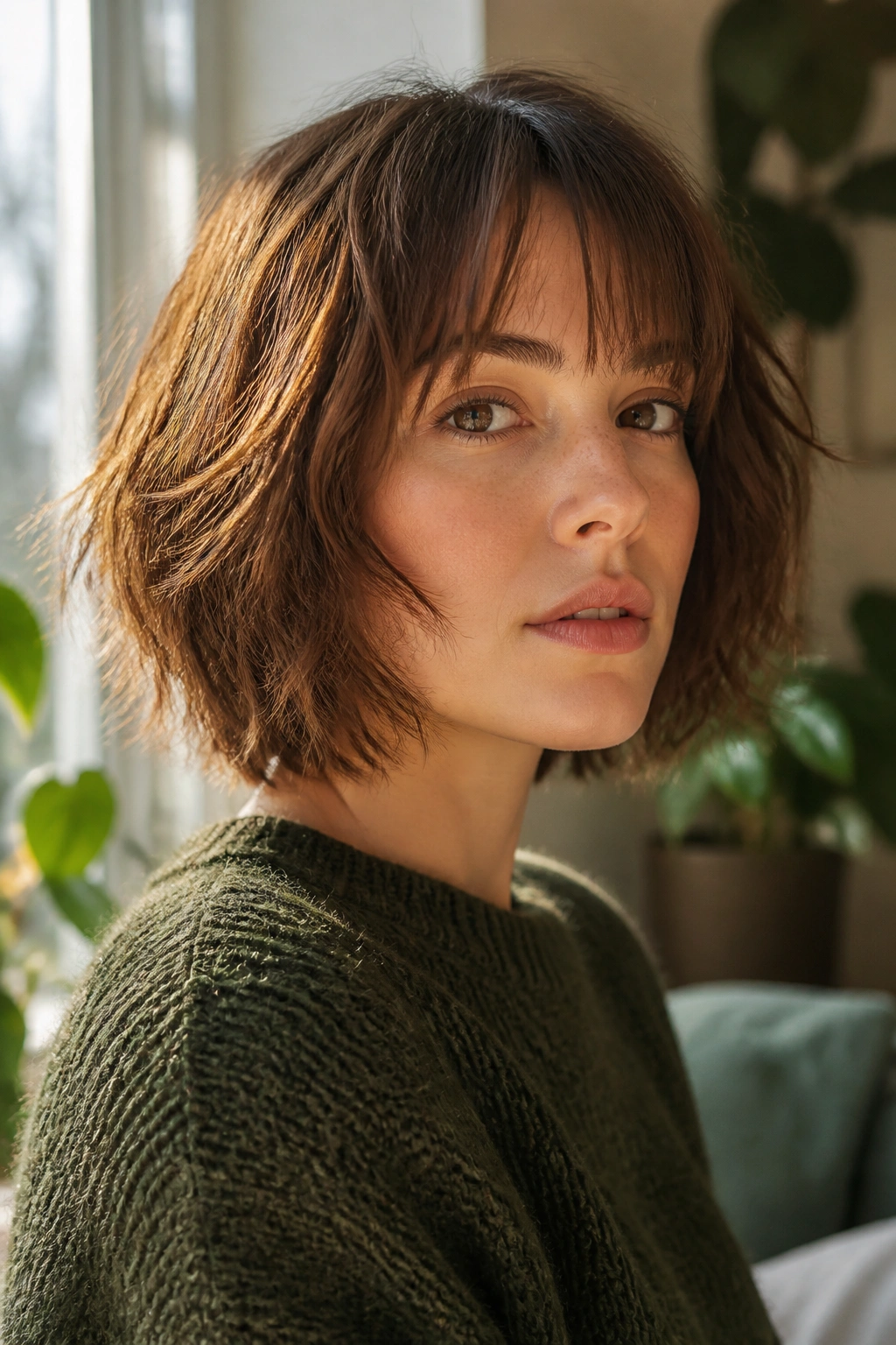Close-up of a real woman with a shaggy bob hairstyle, feathered layers framing the cheeks.