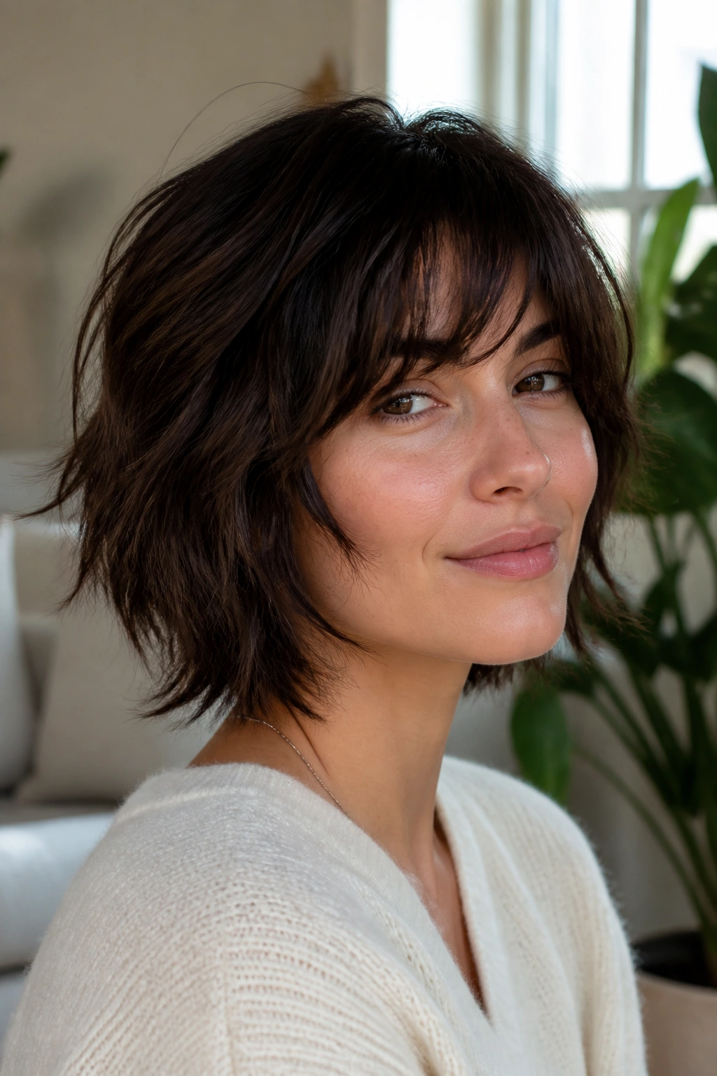 Close-up portrait of a real person with a shaggy bob hairstyle