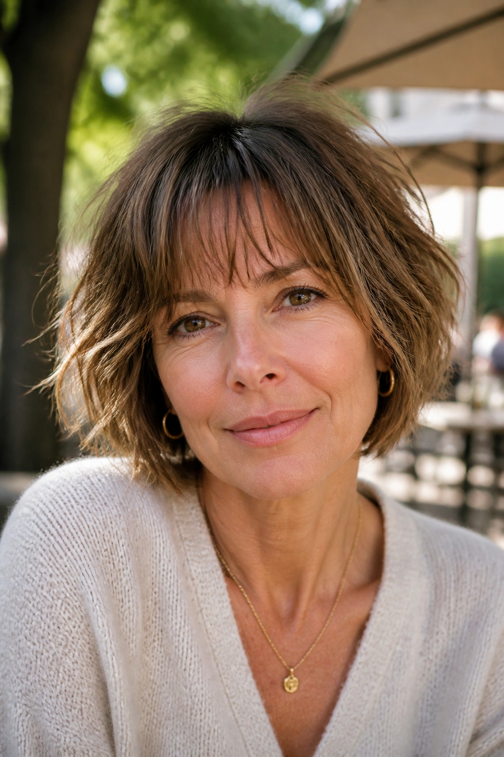 Portrait of a person with shaggy bob and loose fringe in natural light.