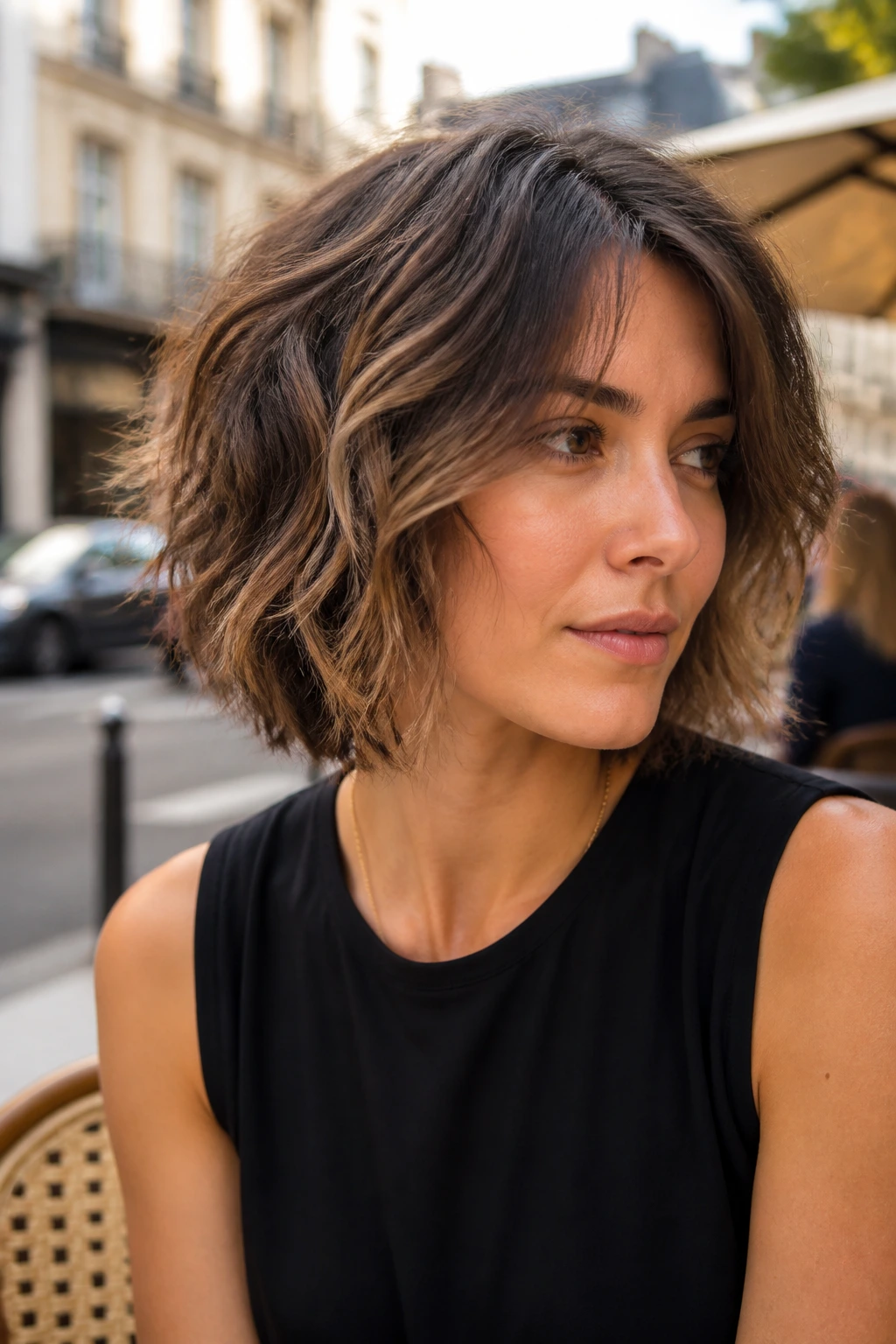 Close-up of a real woman with a shaggy bob and loose waves.