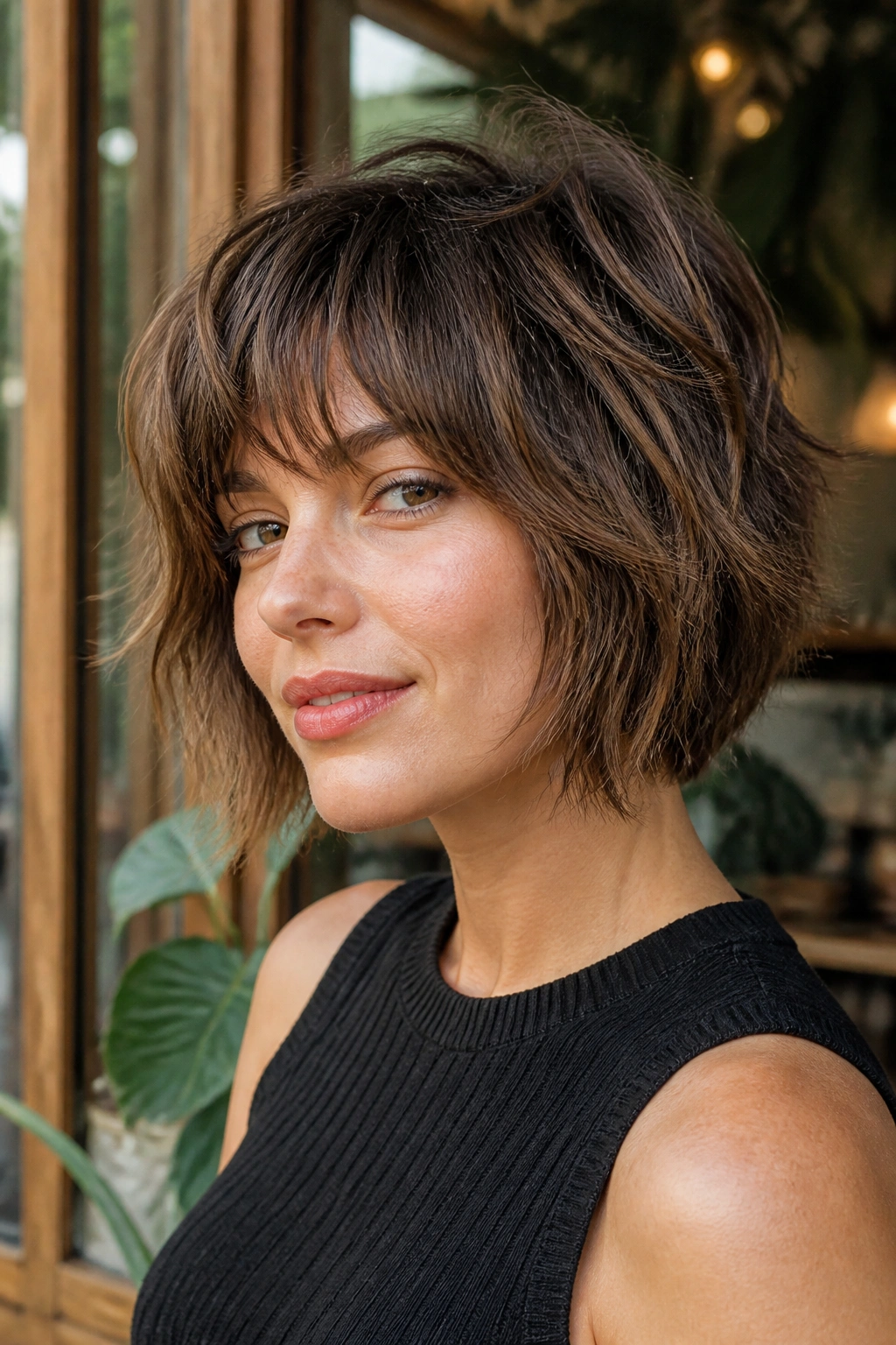 Close-up portrait of a real woman with a shaggy bob and micro layers highlighting texture