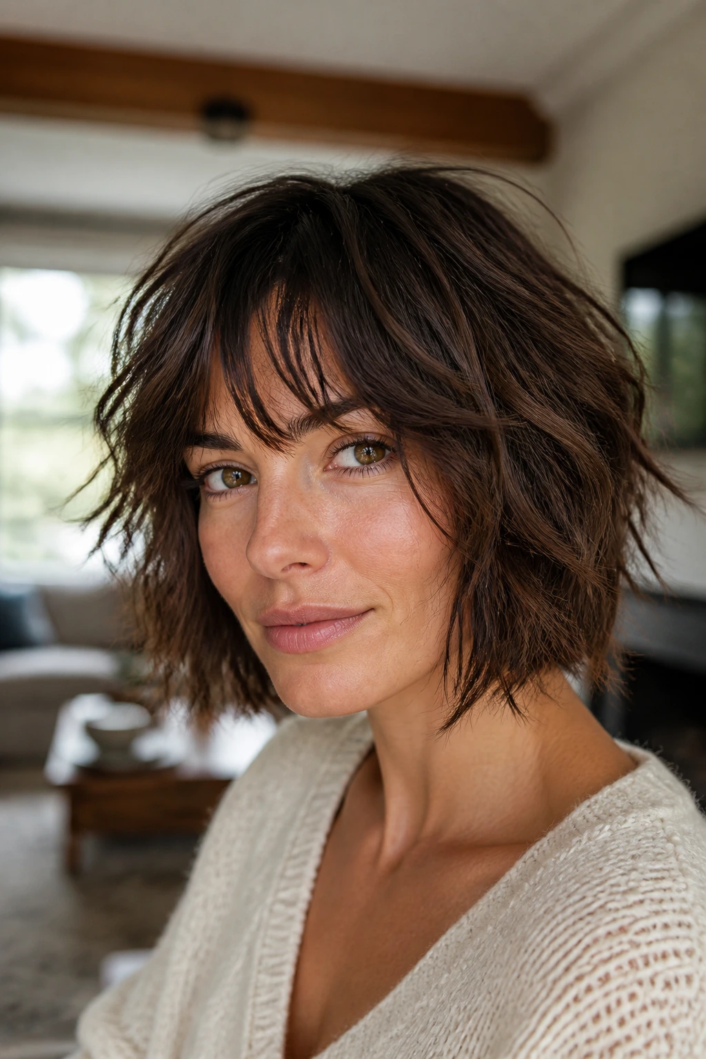 Close-up portrait of a woman with a shaggy bob and piecey bangs in warm window light