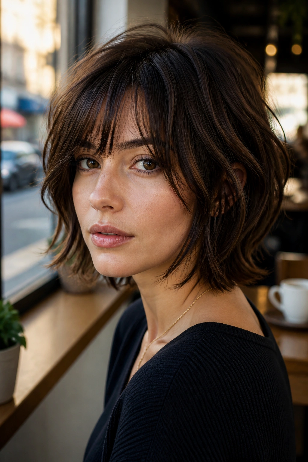 Medium close-up of a real woman's shaggy bob with piecey layers in cafe window light