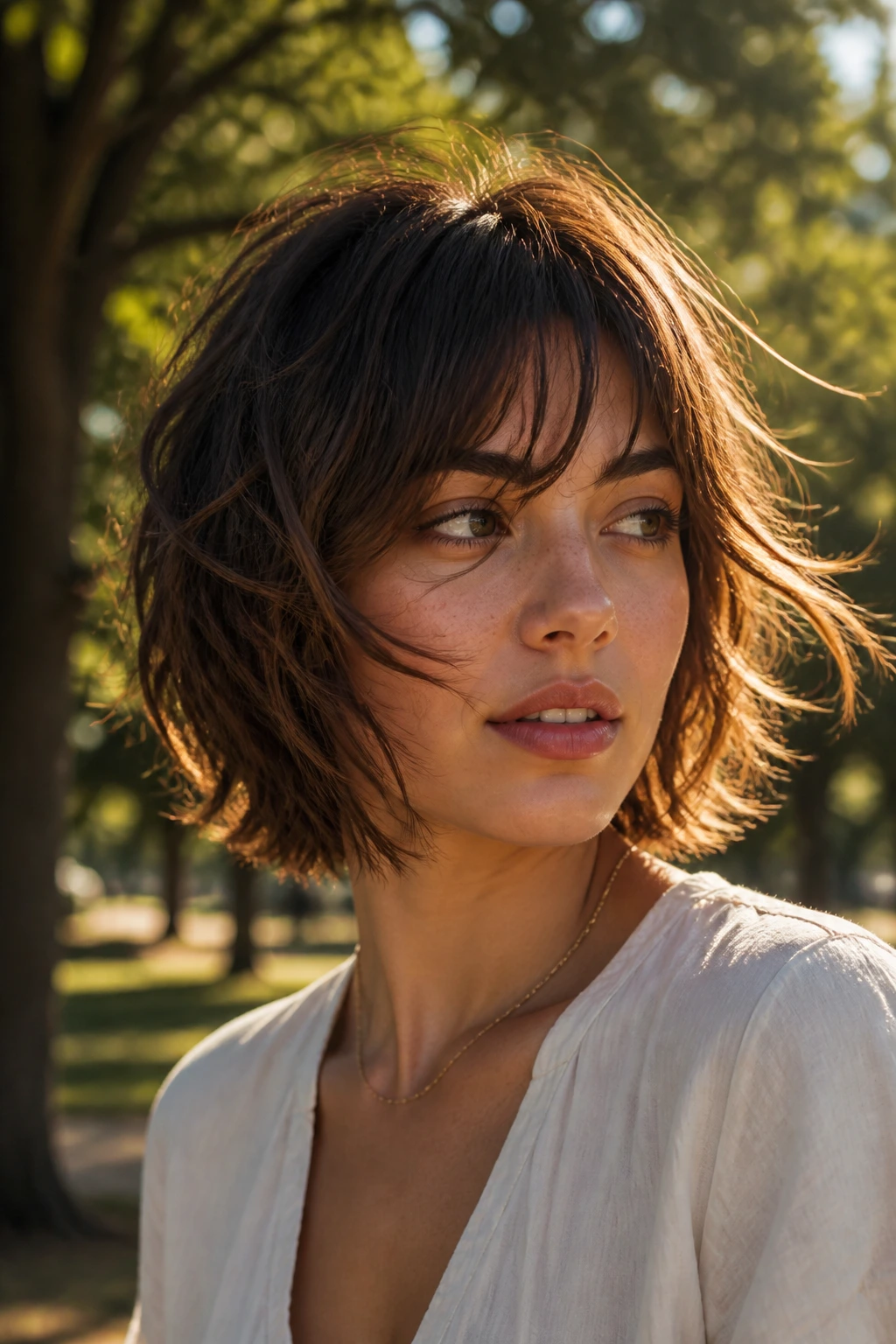 Portrait of a real woman with shaggy bob and piecey layers in golden hour park setting.