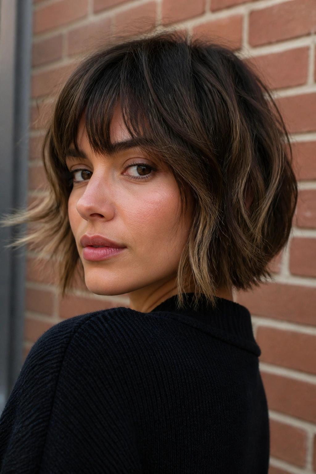 Person with shaggy bob hairstyle near brick wall