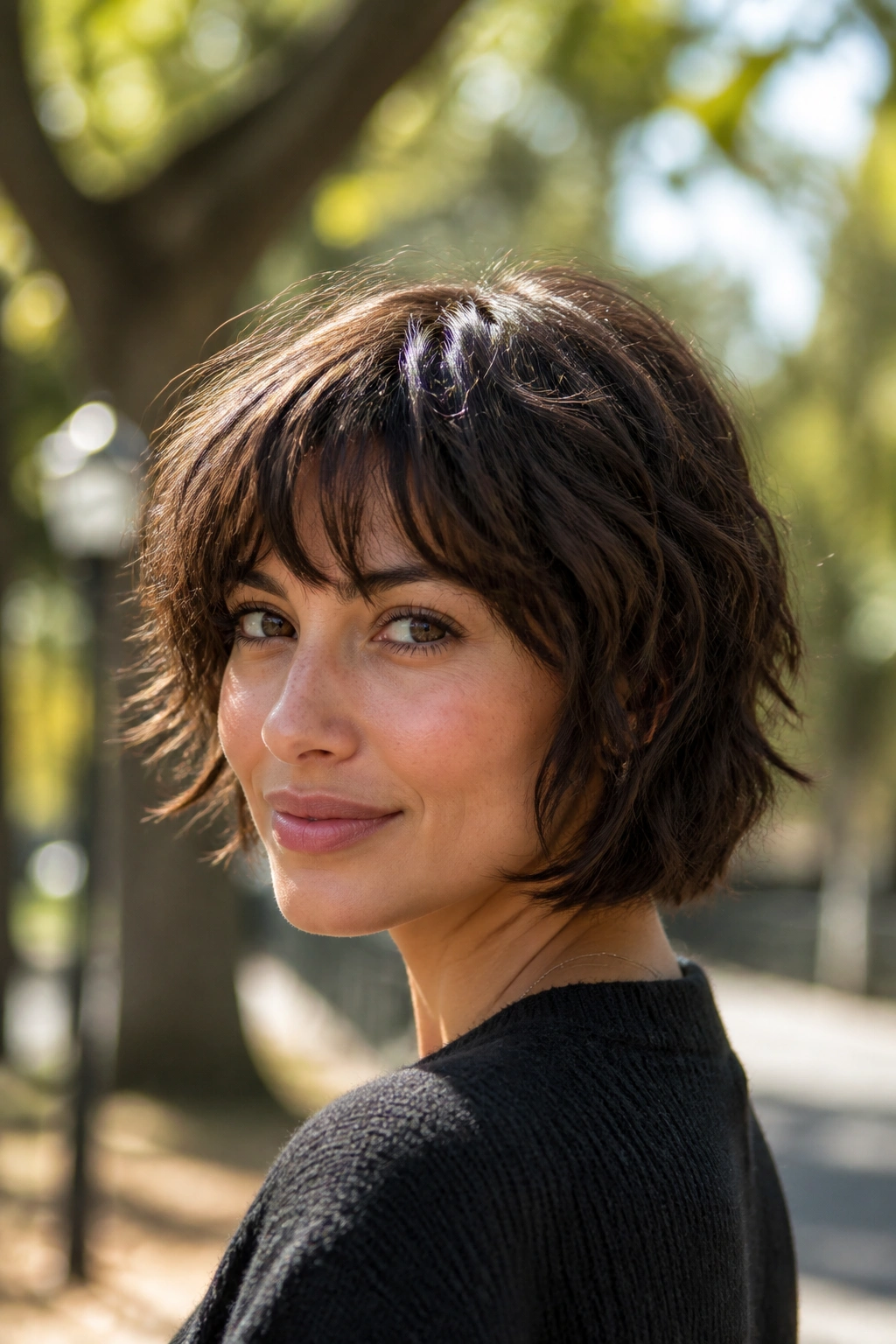 Portrait of a woman with a shaggy bob and textured waves