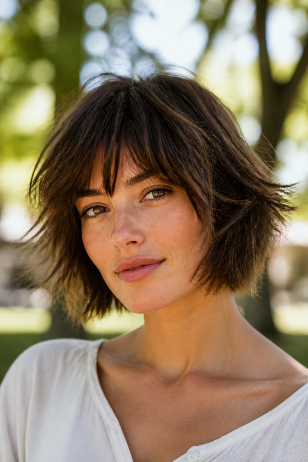Portrait of a woman with a shaggy bob outdoors in breeze