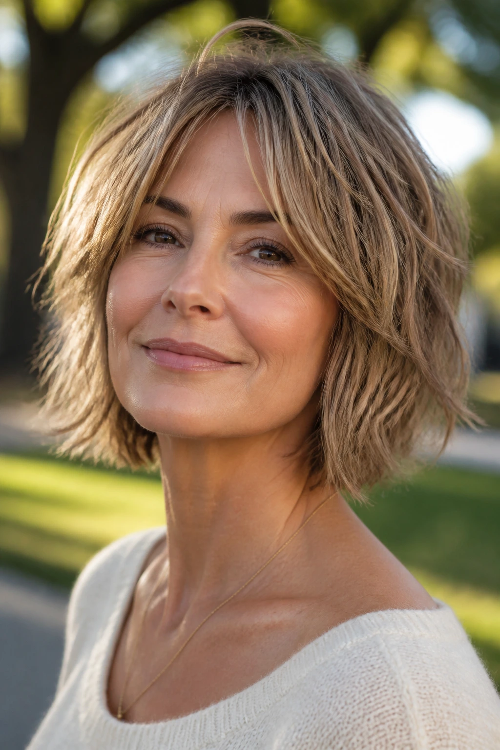 Close-up portrait of a real woman with a shaggy bob in a park with soft afternoon light.