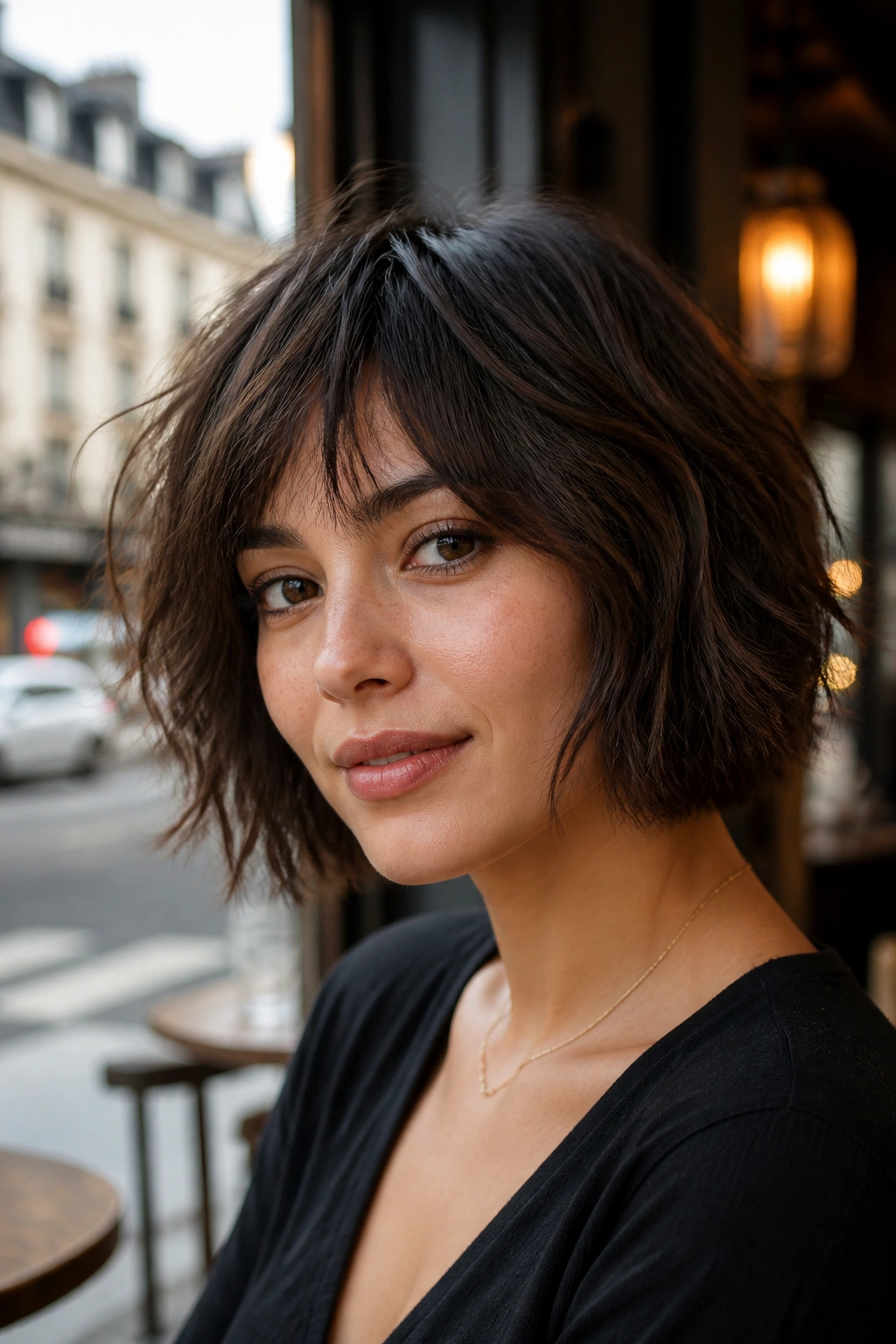 Close-up portrait of a real woman with a shaggy bob showing texture and layers in cafe light