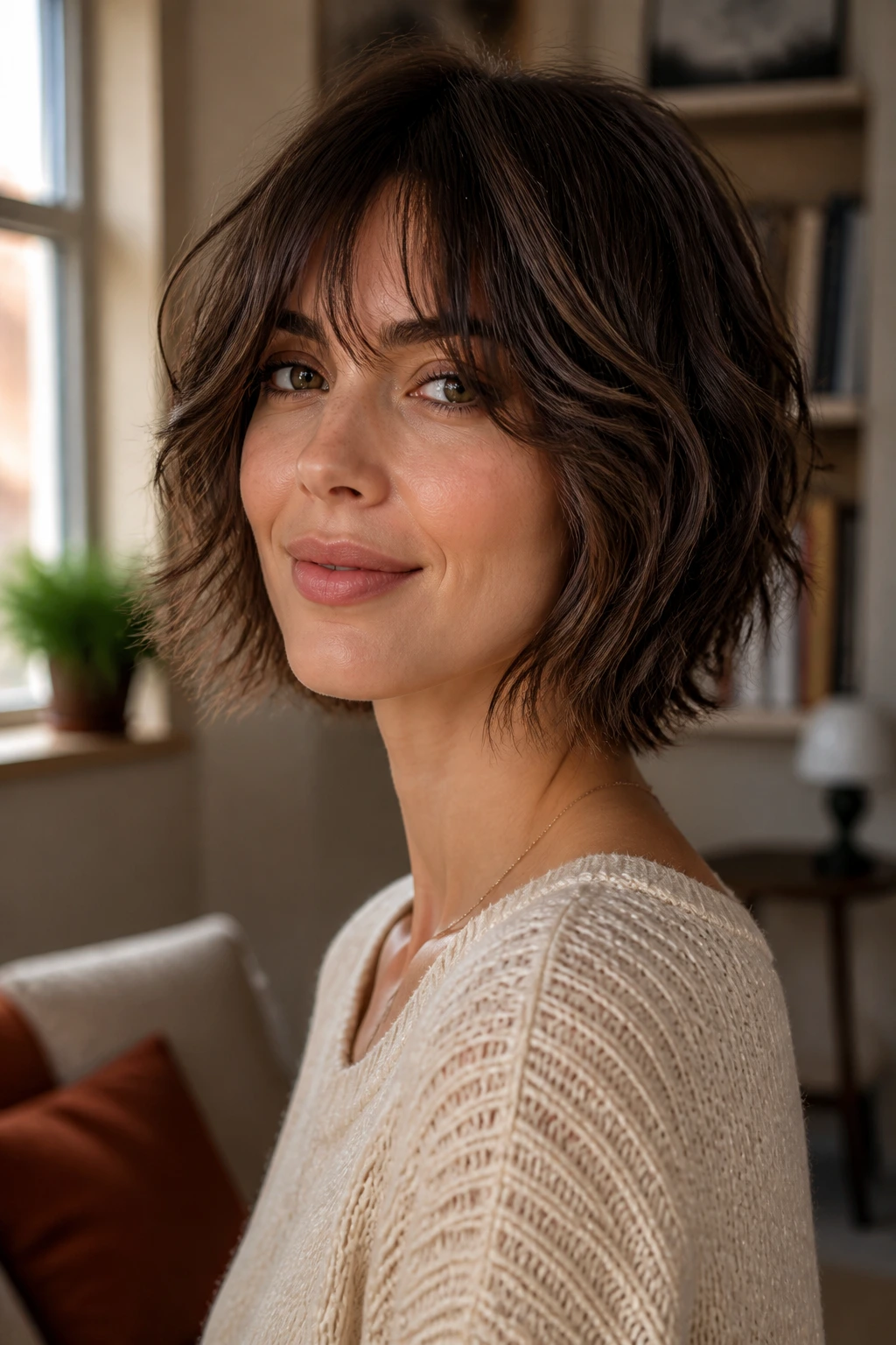 Close-up portrait of a real woman with a shaggy bob
