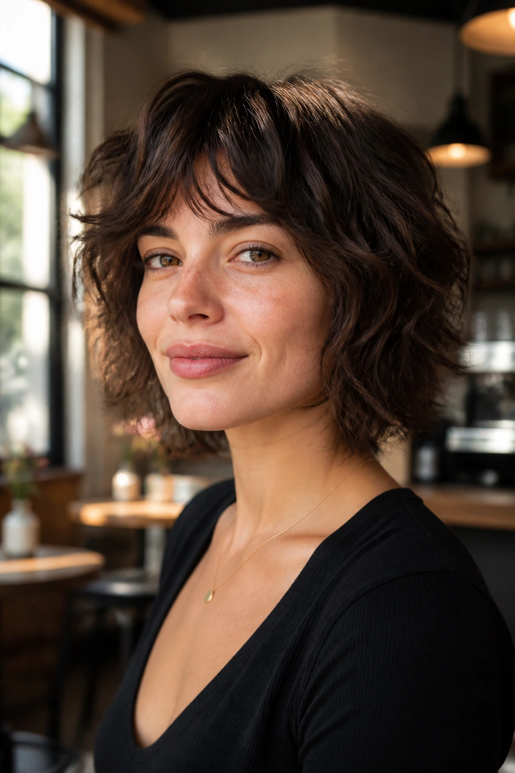 Close-up of a real woman with a shaggy bob hairstyle and natural waves.