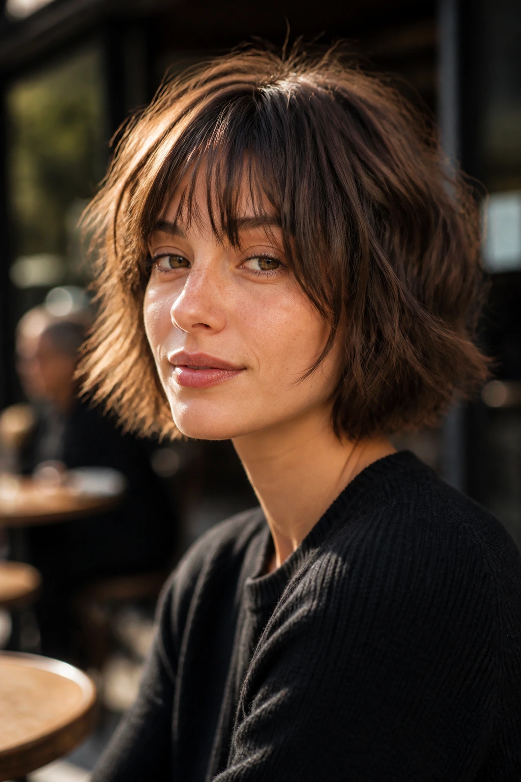 Close-up of a real woman with a shaggy bob and layered texture in an outdoor cafe setting