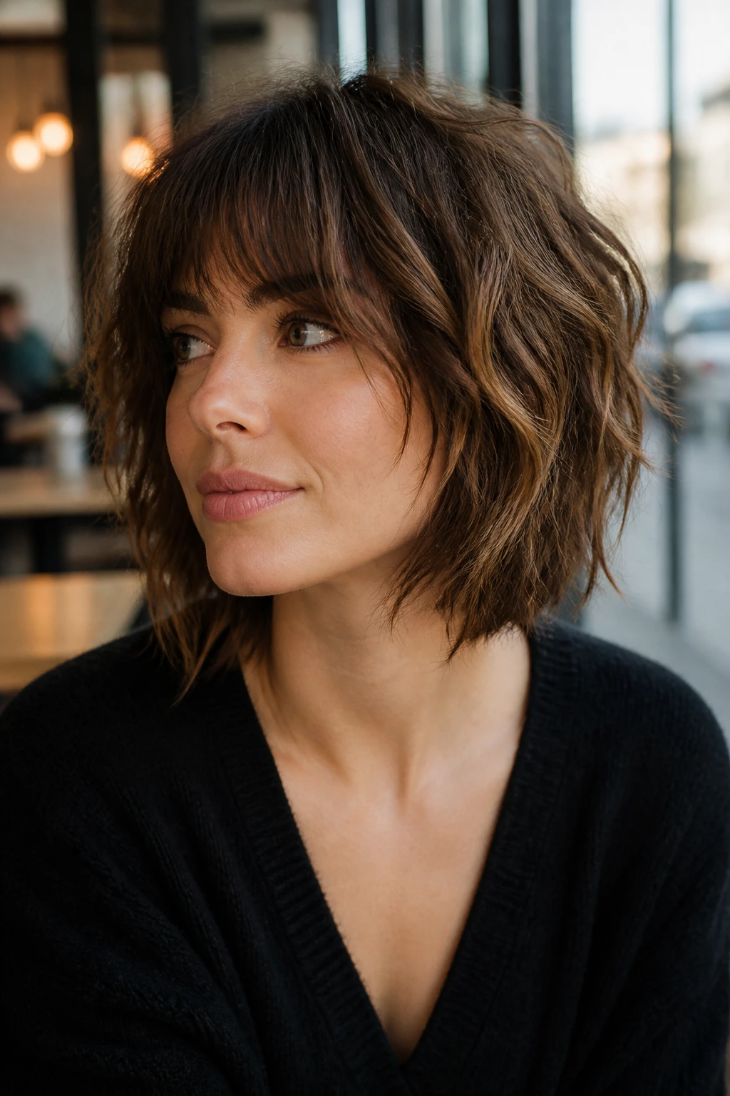 Close-up portrait of a real woman with a shaggy bob in cafe light