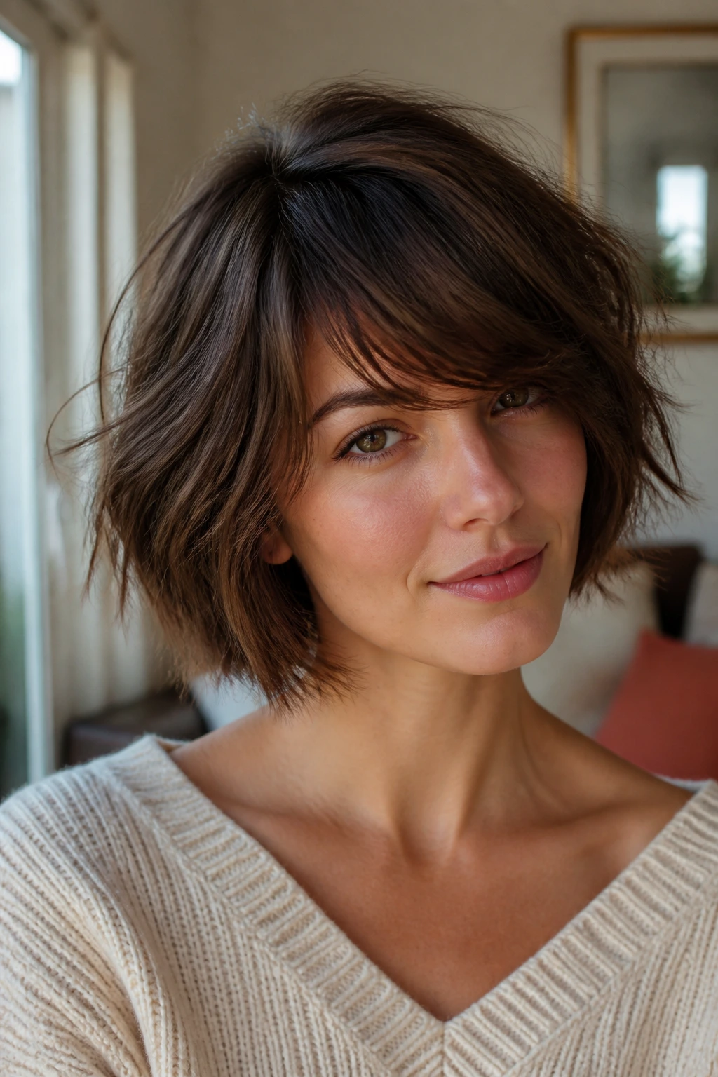 Close-up portrait of a real woman with a shaggy bob and side bangs, warm window light