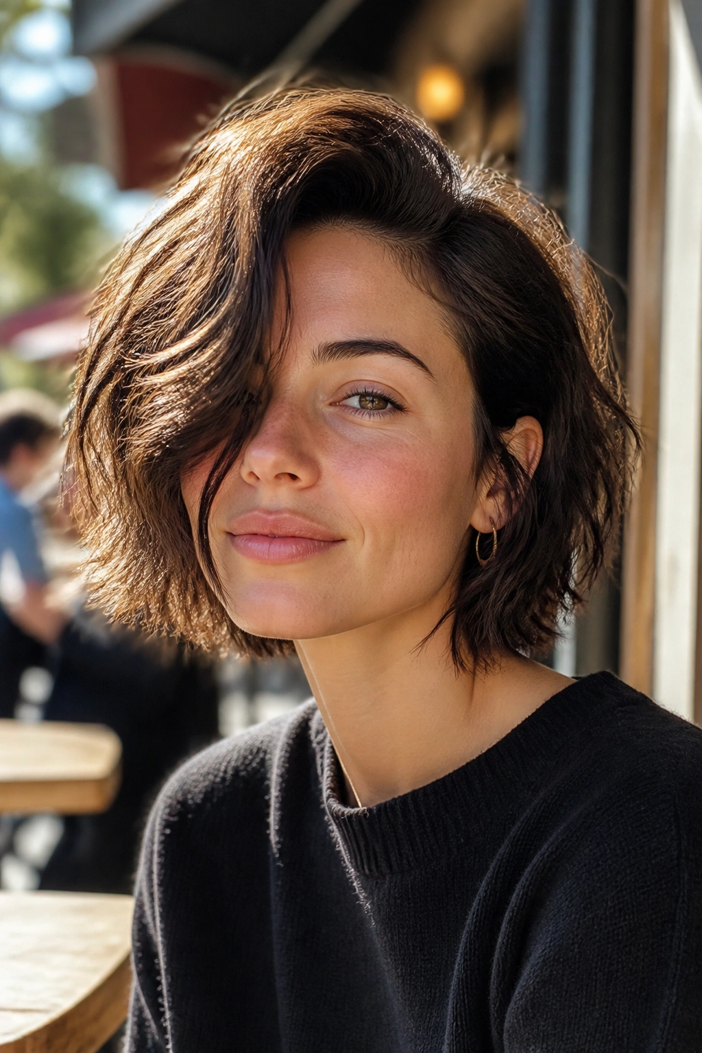 Close-up portrait of a real person with a deep side part shaggy bob.