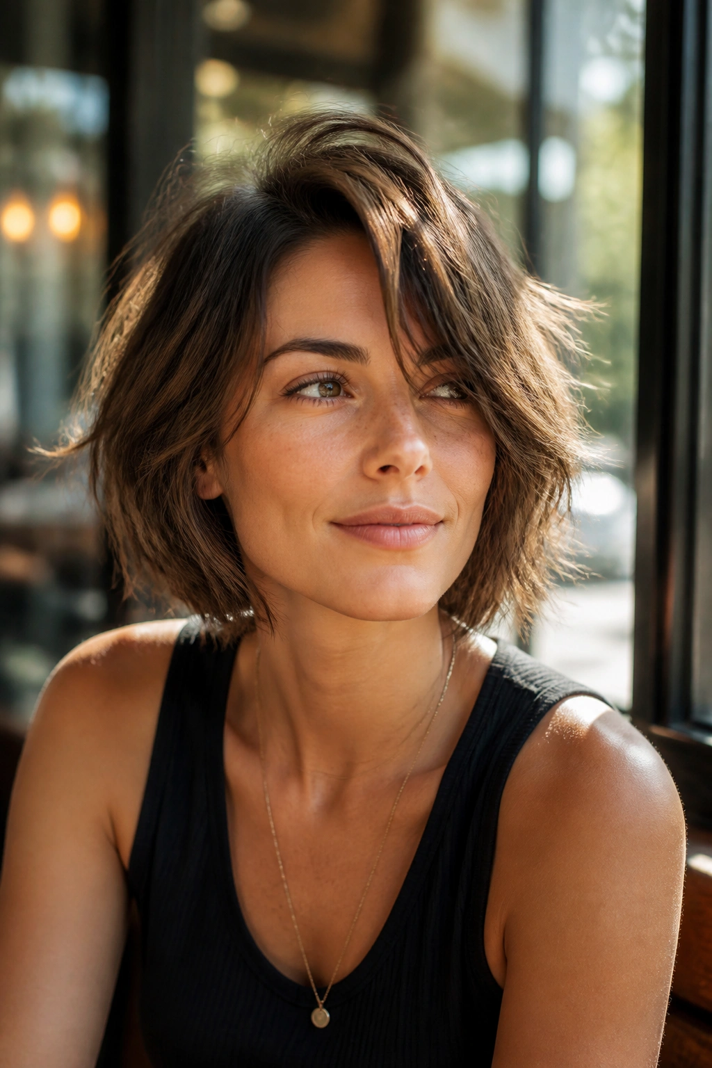 Close-up portrait of a real woman with a shaggy side-parted layered bob and choppy texture