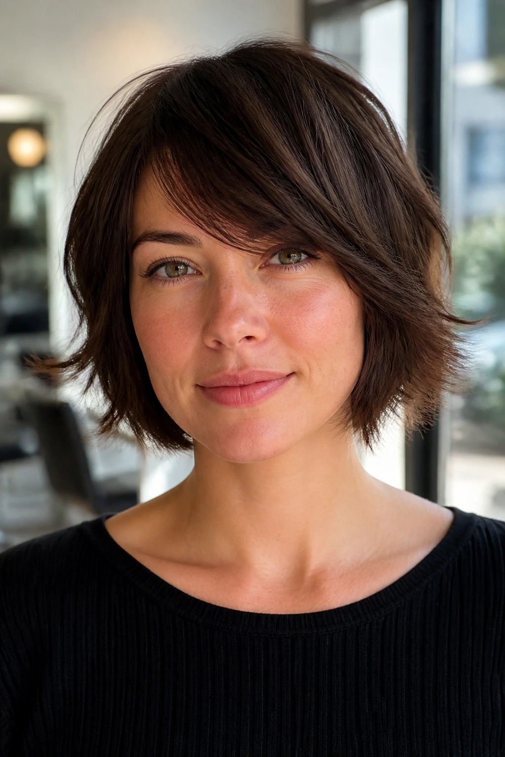 Close-up portrait of a real woman with a chin-length shaggy bob and side-swept bangs in warm window light