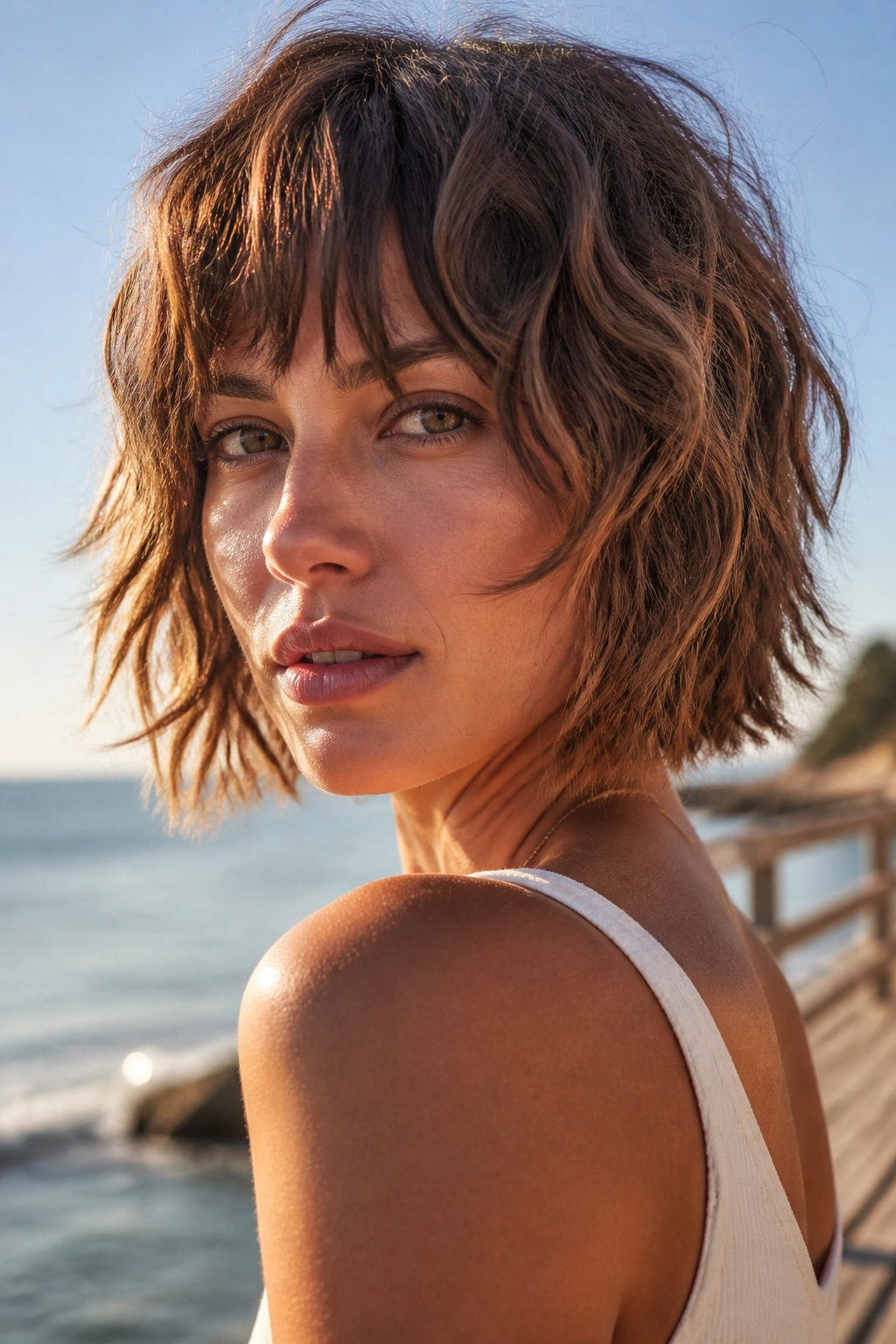 Real woman with shaggy bob and choppy ends at a windswept seaside boardwalk