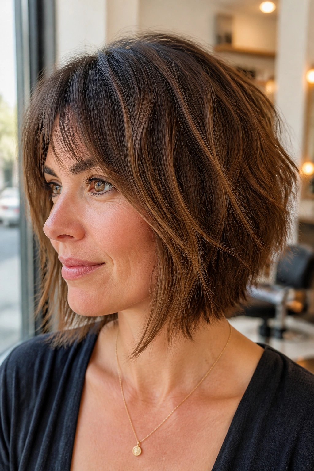 Close-up portrait of a real woman with a shaggy bob hybrid and piecey texture in warm light