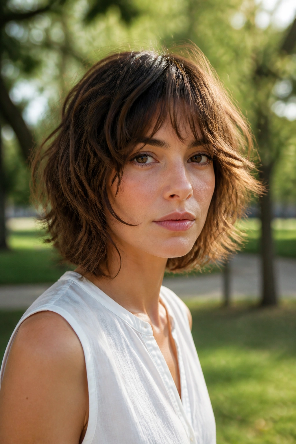 Real woman with shaggy bob outdoors in a park with soft daylight.